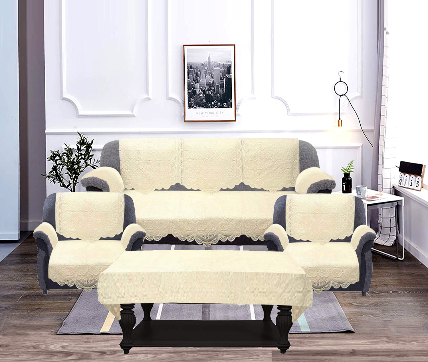Kuber Industries Square Design Cotton 5 Seater Sofa Cover With 6 Pieces Arms cover And 1 Center Table Cover Use Both Side, Living Room, Drawing Room, Bedroom, Guest Room (Set Of17, Cream)-KUBMRT12005