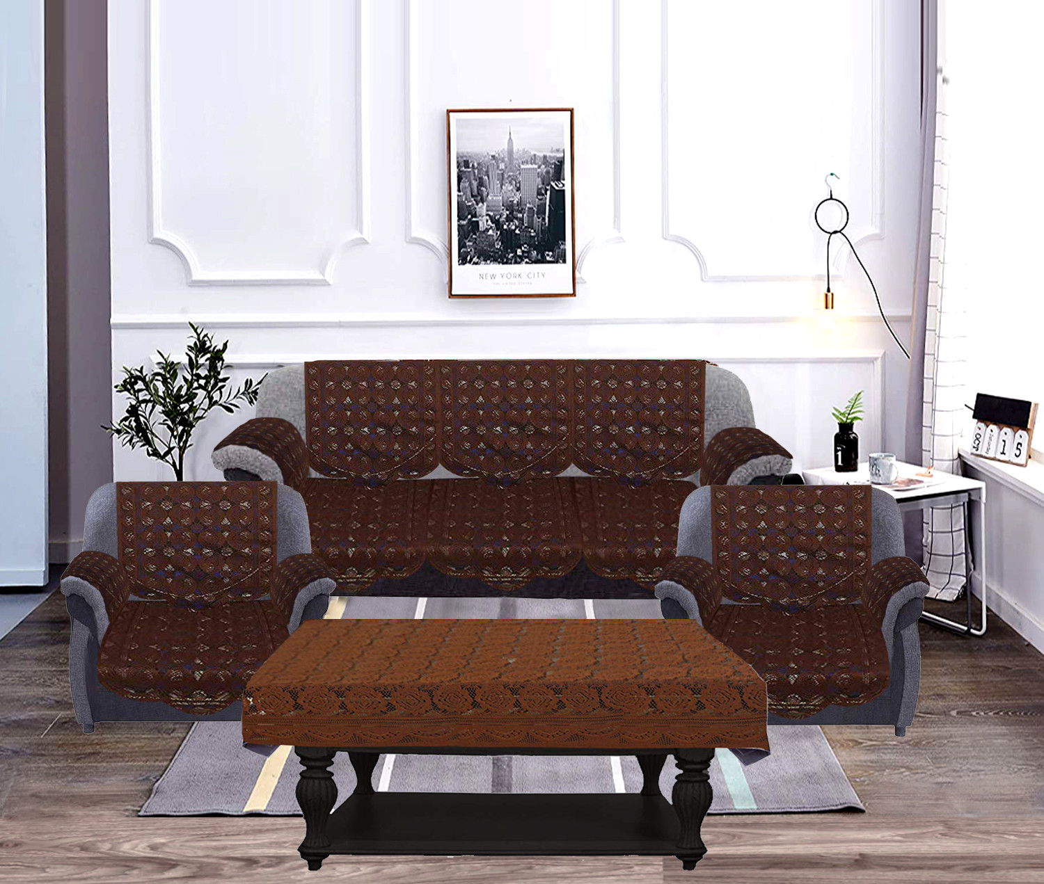 Kuber Industries Square Design Cotton 5 Seater Sofa Cover With 6 Pieces Arms cover And 1 Center Table Cover Use Both Side, Living Room, Drawing Room, Bedroom, Guest Room (Set Of17, Brown)-KUBMRT12009
