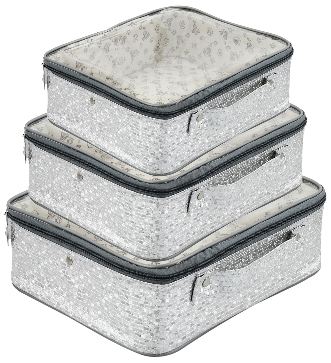 Kuber Industries Square Design Rexine 3 Pieces Make Up Jewellery Vanity Travelling Cosmetic Multipurpose Box (Silver), Collection -CTKTC38179