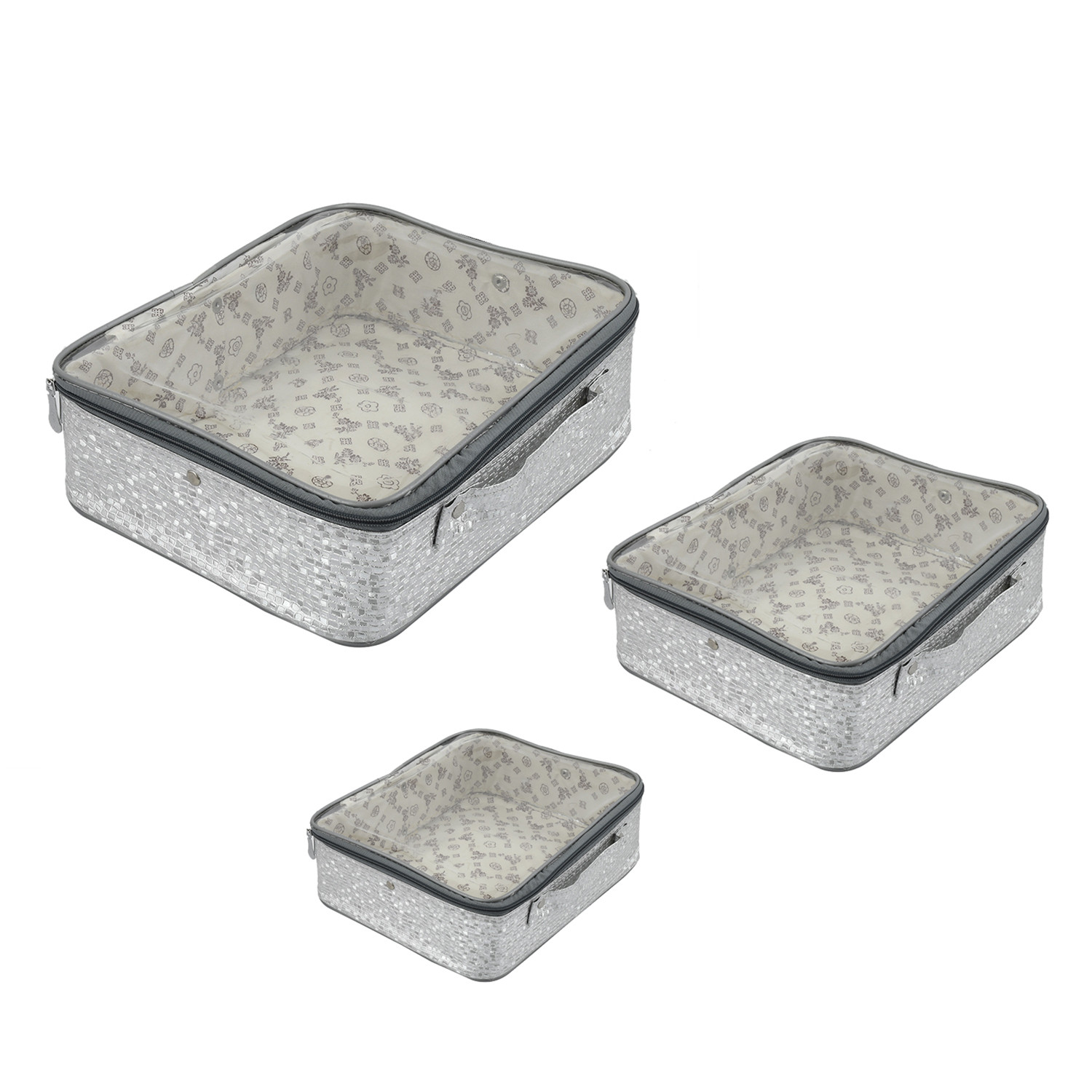 Kuber Industries Square Design Rexine 3 Pieces Make Up Jewellery Vanity Travelling Cosmetic Multipurpose Box (Silver), Collection -CTKTC38179