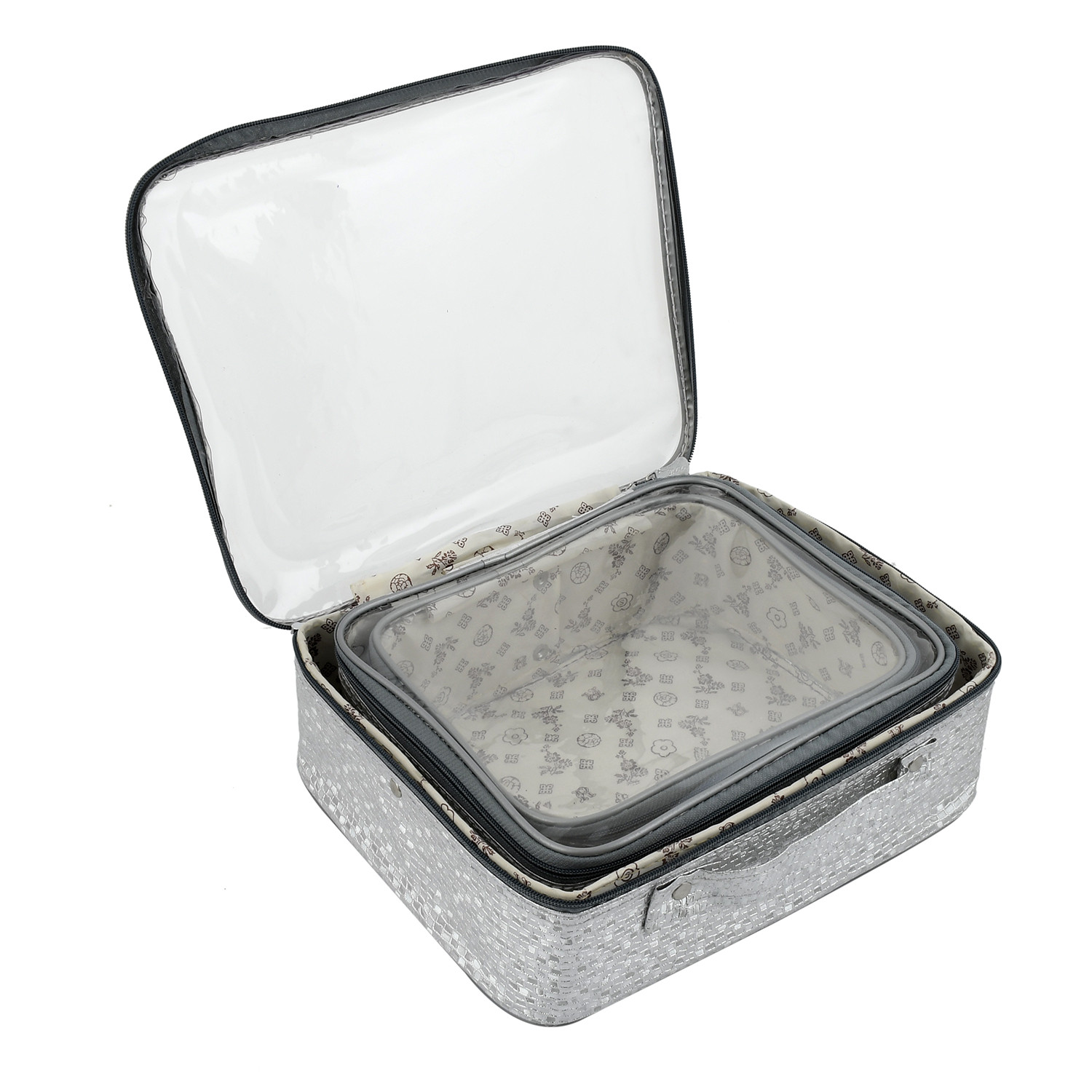 Kuber Industries Square Design Rexine 3 Pieces Make Up Jewellery Vanity Travelling Cosmetic Multipurpose Box (Silver), Collection -CTKTC38179