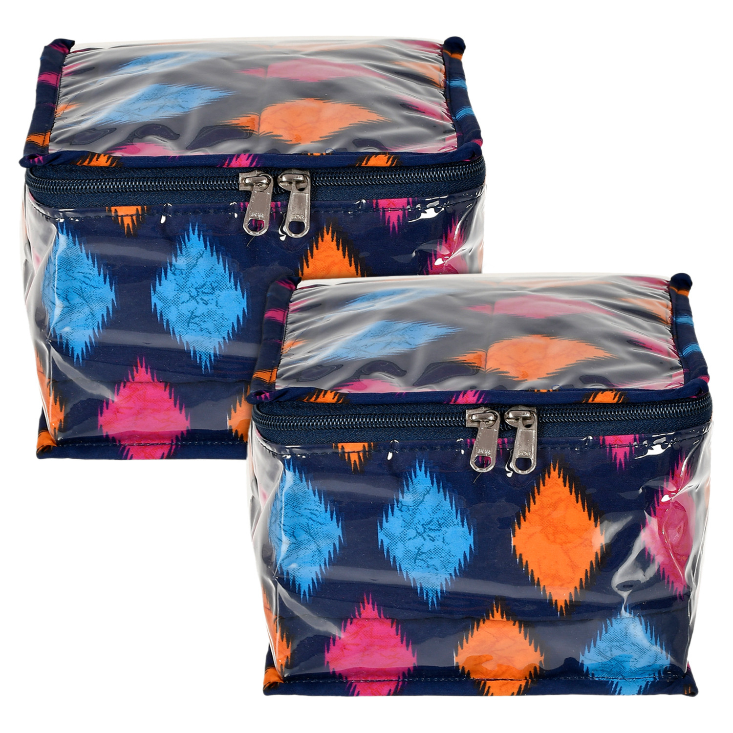 Kuber Industries Square Navajo Printed Laminated PVC Jewellery Organiser, Storage Bags for Necklace, Earrings, Rings, Bracelet With 10 Transparent Pouches (Blue)