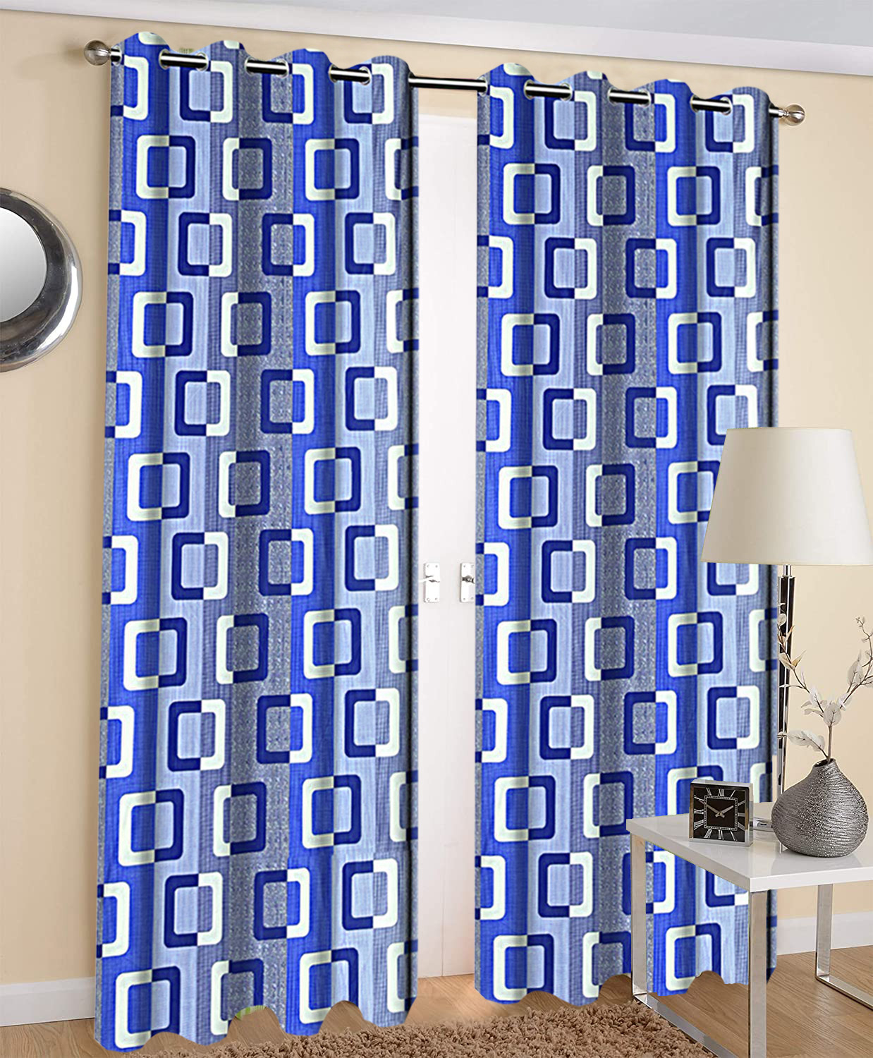 Kuber Industries Square Print Room Darkening Door Curtain, 7 Feet (Blue)