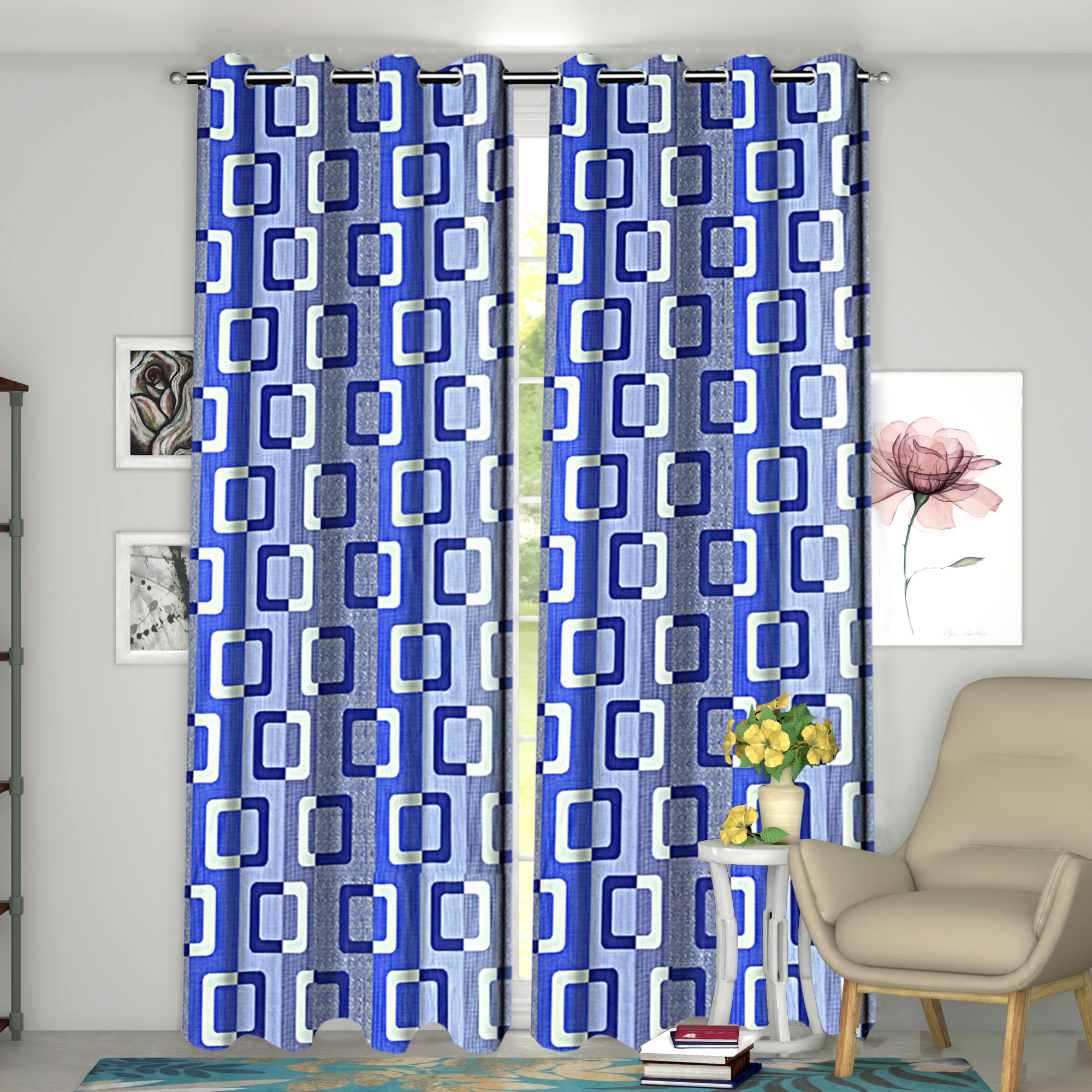 Kuber Industries Square Print Room Darkening Door Curtain, 7 Feet (Blue)