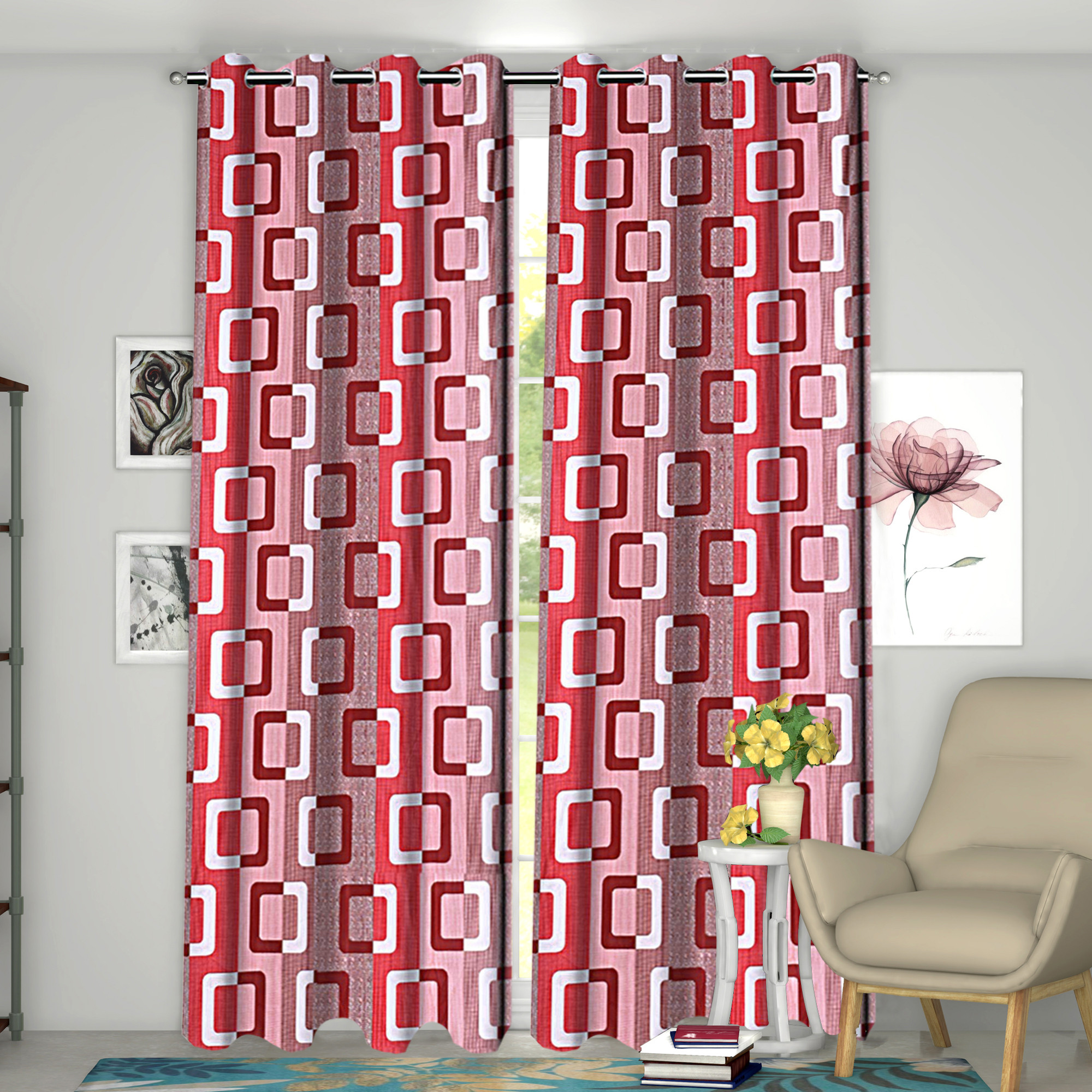 Kuber Industries Square Print Room Darkening Door Curtain, 7 Feet (Pink)