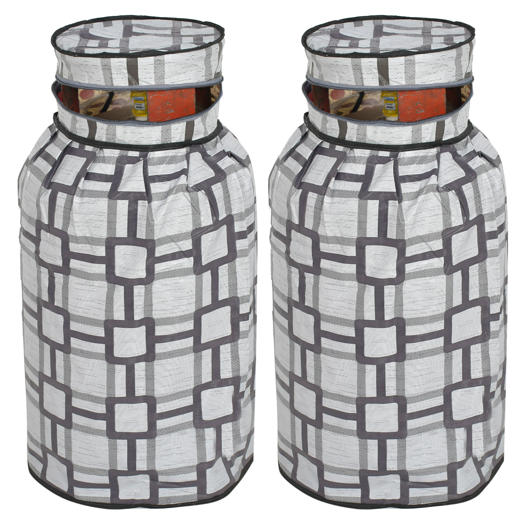 Kuber Industries Square Printed Stain/Dust/Water Proof PVC Lpg Gas Cylinder Cover- Pack of 2 (Grey)-HS43KUBMART25628