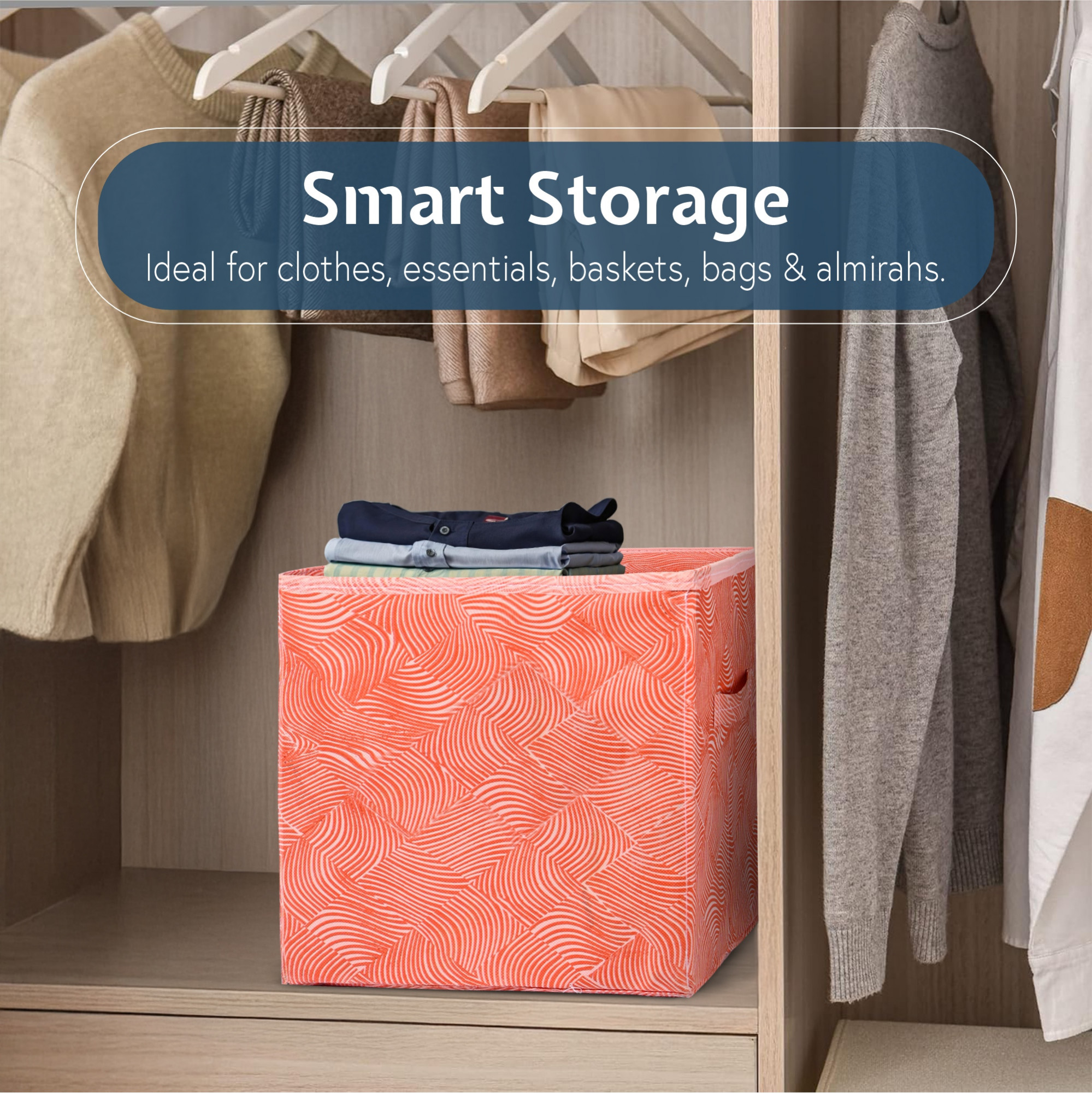 Kuber Industries Square Storage Box for Wardrobe with Handle  Foldable Closet Organizers  Baby Clothes Organizer  Drawer Storage for Clothes  Toys Items  Large - Zig Zag  Orange
