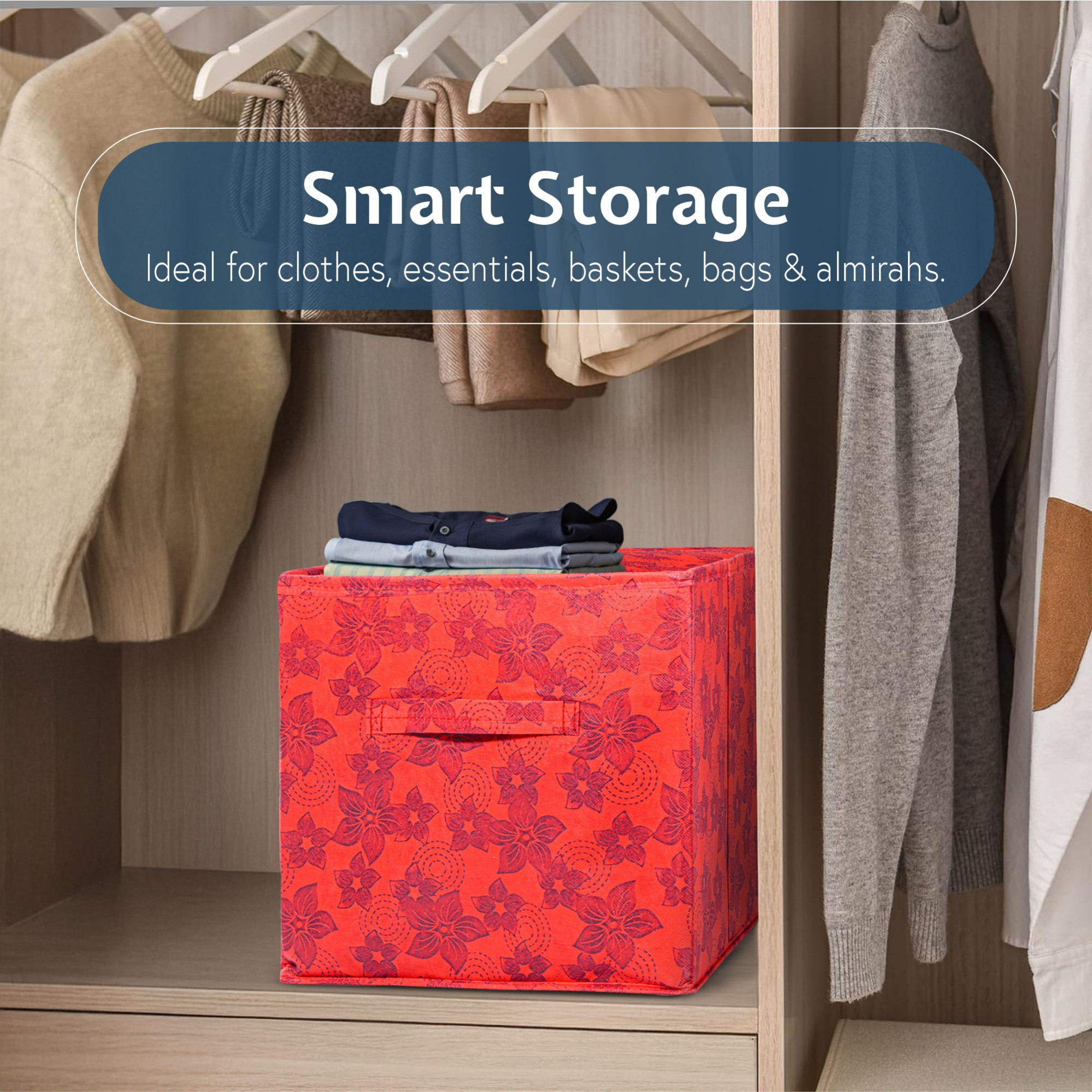 Kuber Industries Square Storage Box for Wardrobe with Handle  Foldable Closet Organizers  Baby Clothes Organizer  Drawer Storage for Clothes  Toys Items  Large - New Flower  Red