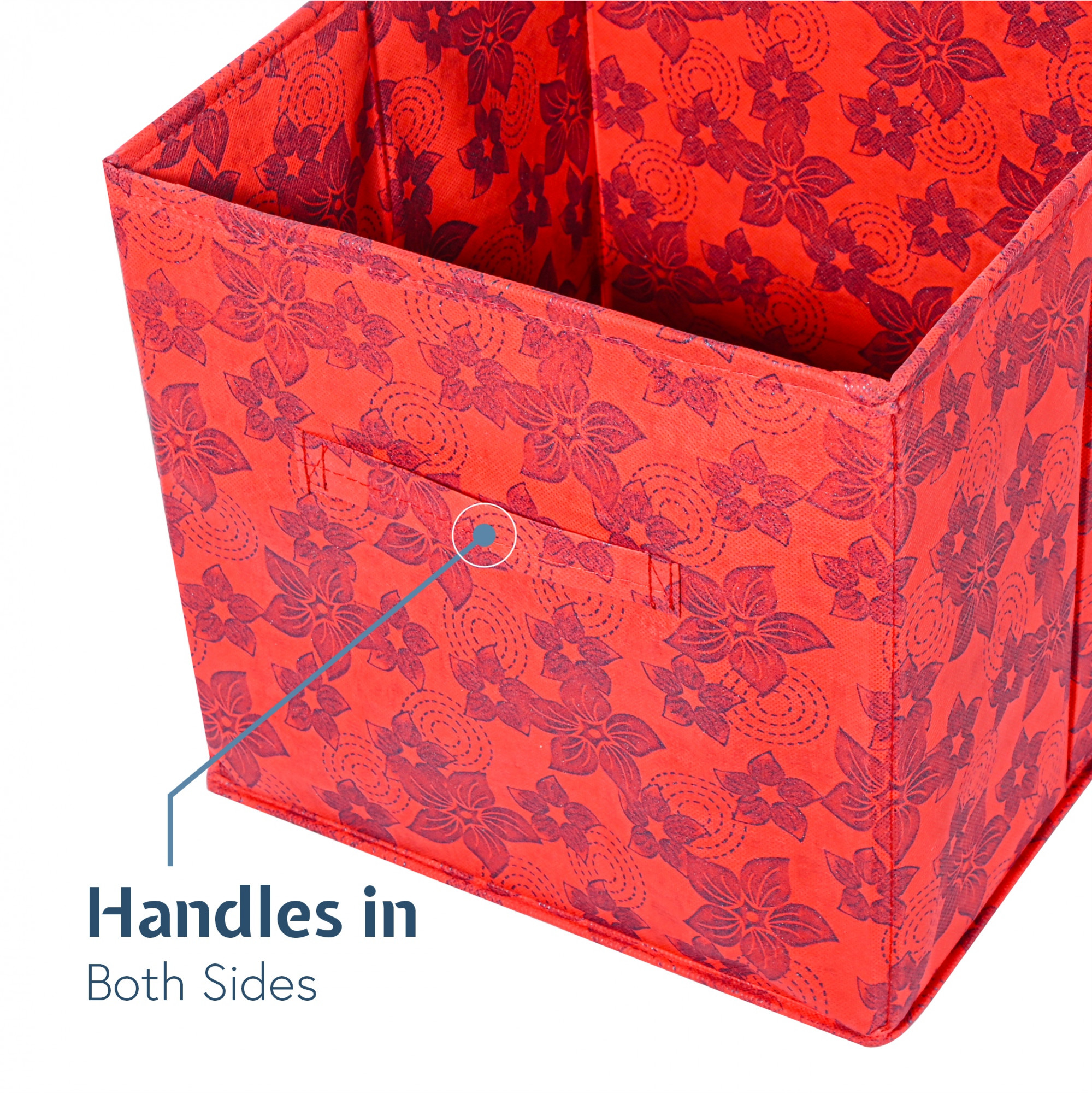 Kuber Industries Square Storage Box for Wardrobe with Handle  Foldable Closet Organizers  Baby Clothes Organizer  Drawer Storage for Clothes  Toys Items  Large - New Flower  Red