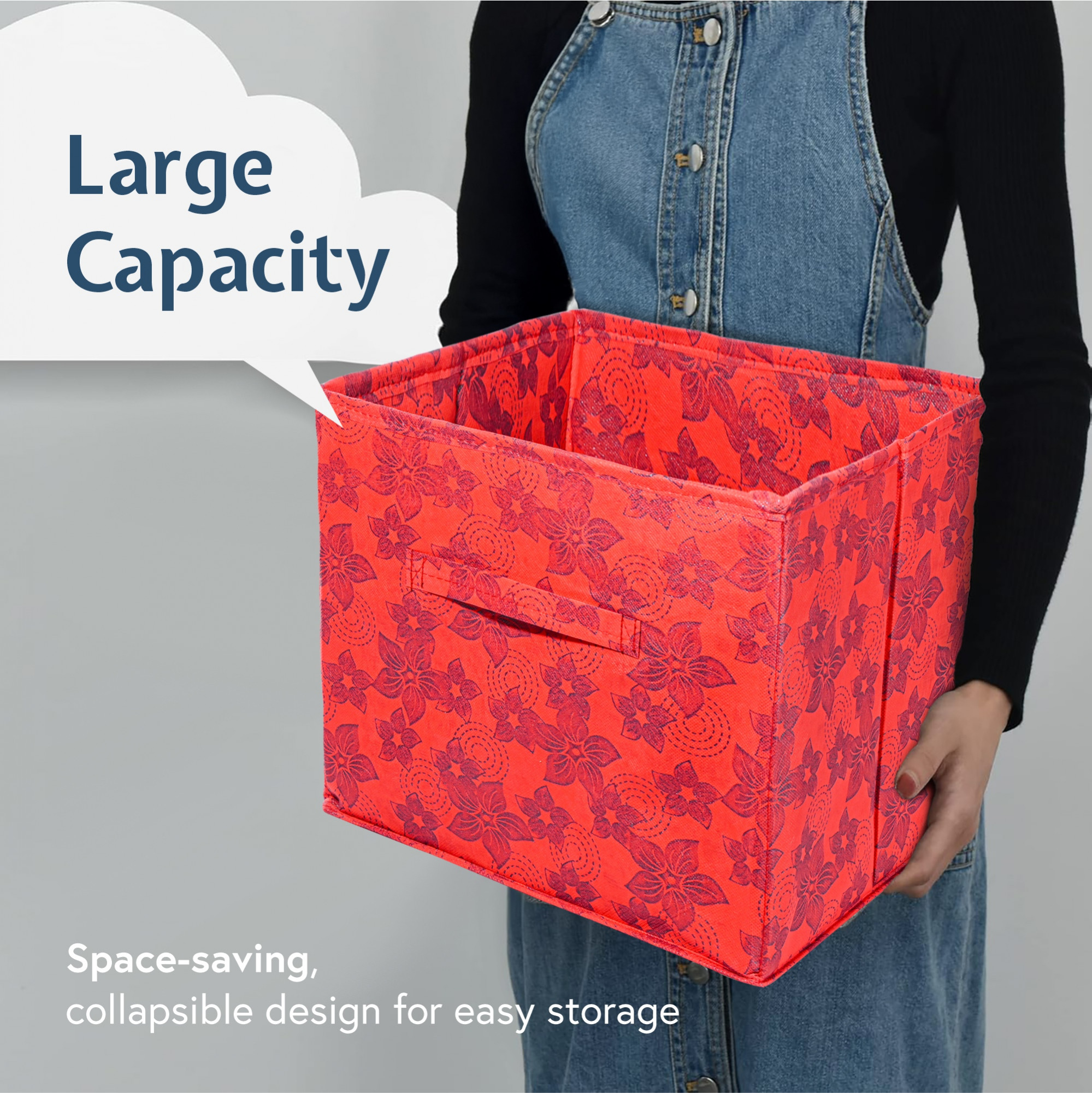 Kuber Industries Square Storage Box for Wardrobe with Handle  Foldable Closet Organizers  Baby Clothes Organizer  Drawer Storage for Clothes  Toys Items  Large - New Flower  Red