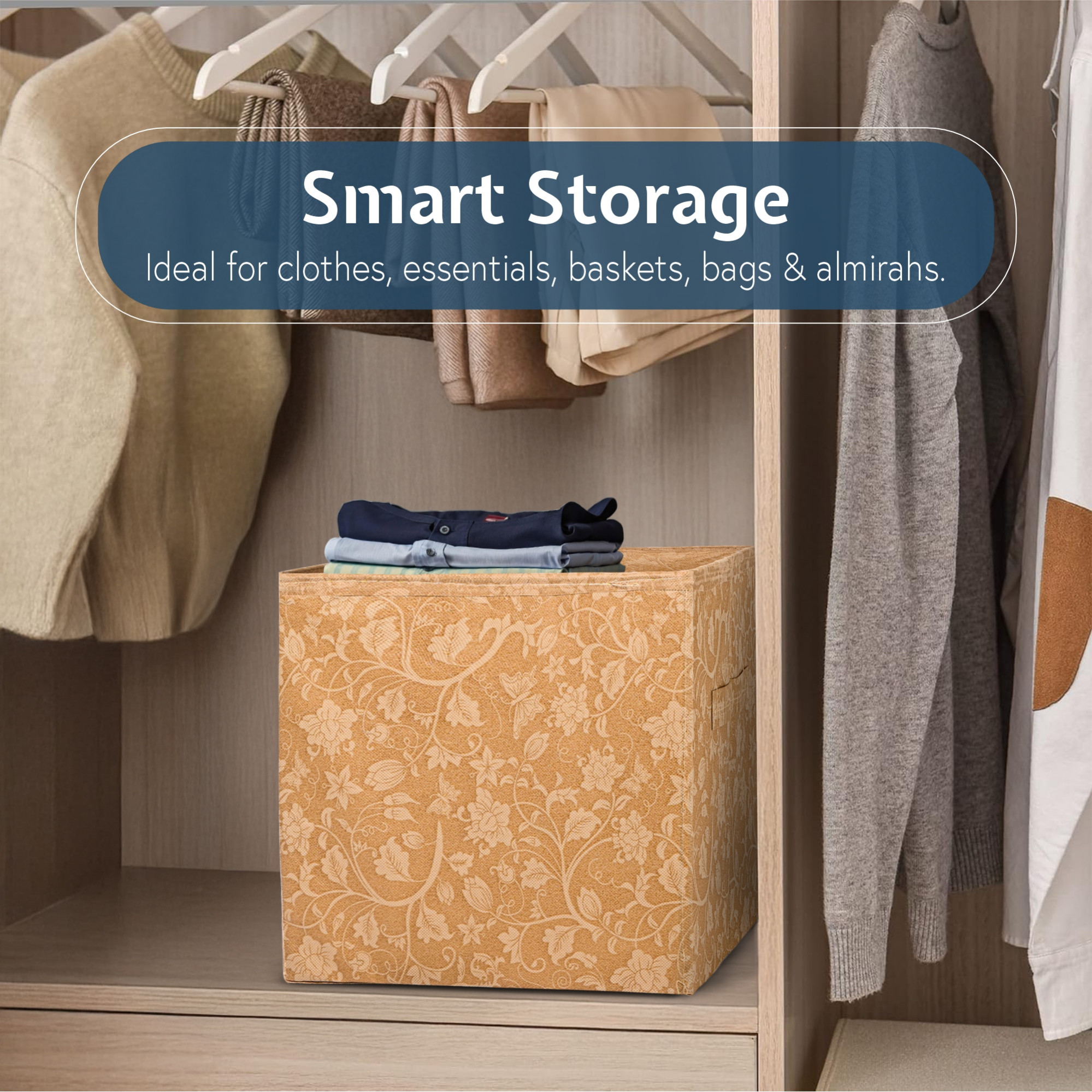 Kuber Industries Square Storage Box for Wardrobe with Handle  Foldable Closet Organizers  Baby Clothes Organizer  Drawer Storage for Clothes  Toys Items  Large - New Flower  Brown