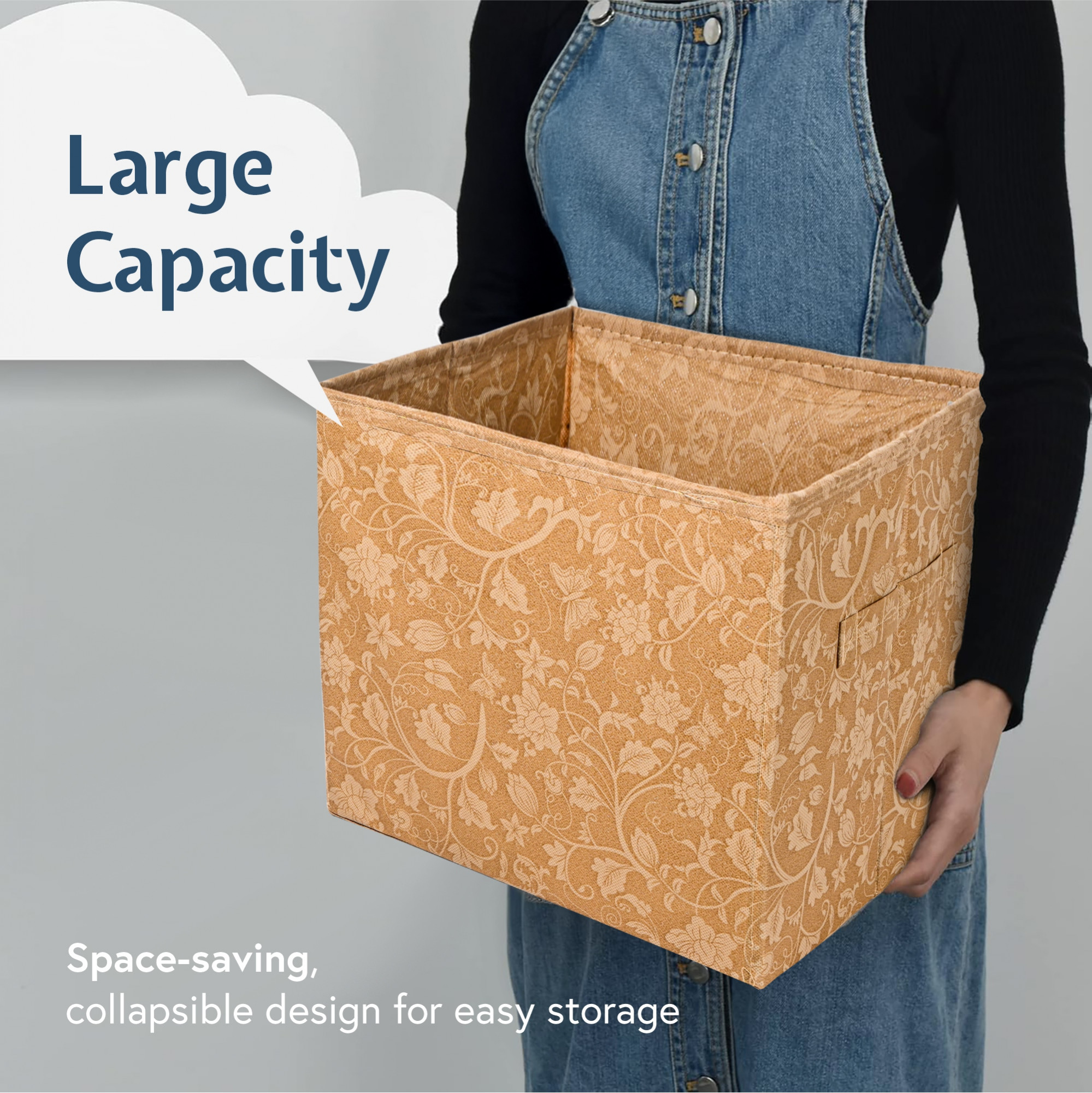 Kuber Industries Square Storage Box for Wardrobe with Handle  Foldable Closet Organizers  Baby Clothes Organizer  Drawer Storage for Clothes  Toys Items  Large - New Flower  Brown