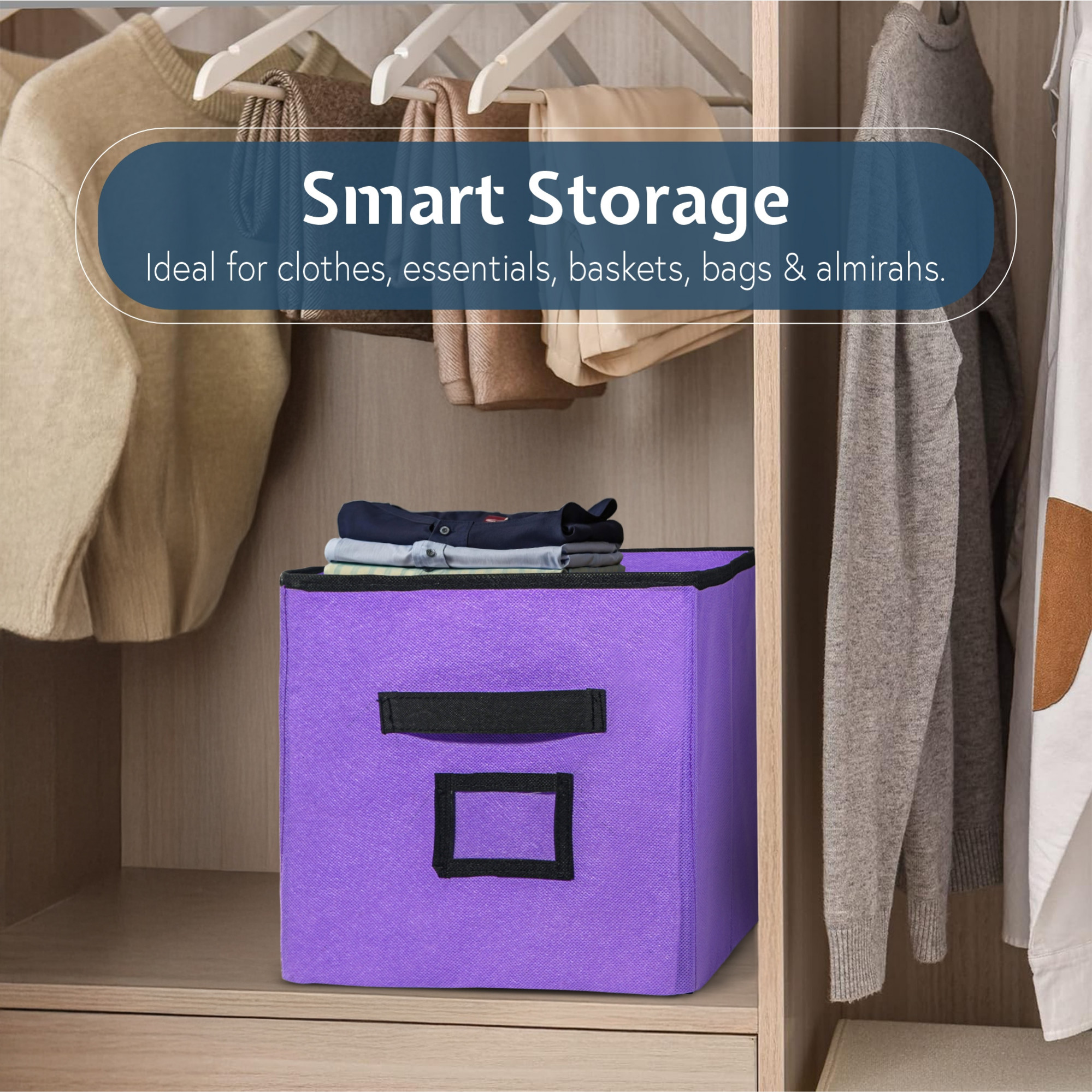 Kuber Industries Square Storage Box for Wardrobe with Handle  Foldable Closet Organizers  Baby Clothes Organizer  DrawerDress Storage for Clothes  Toys Items  Large  Purple