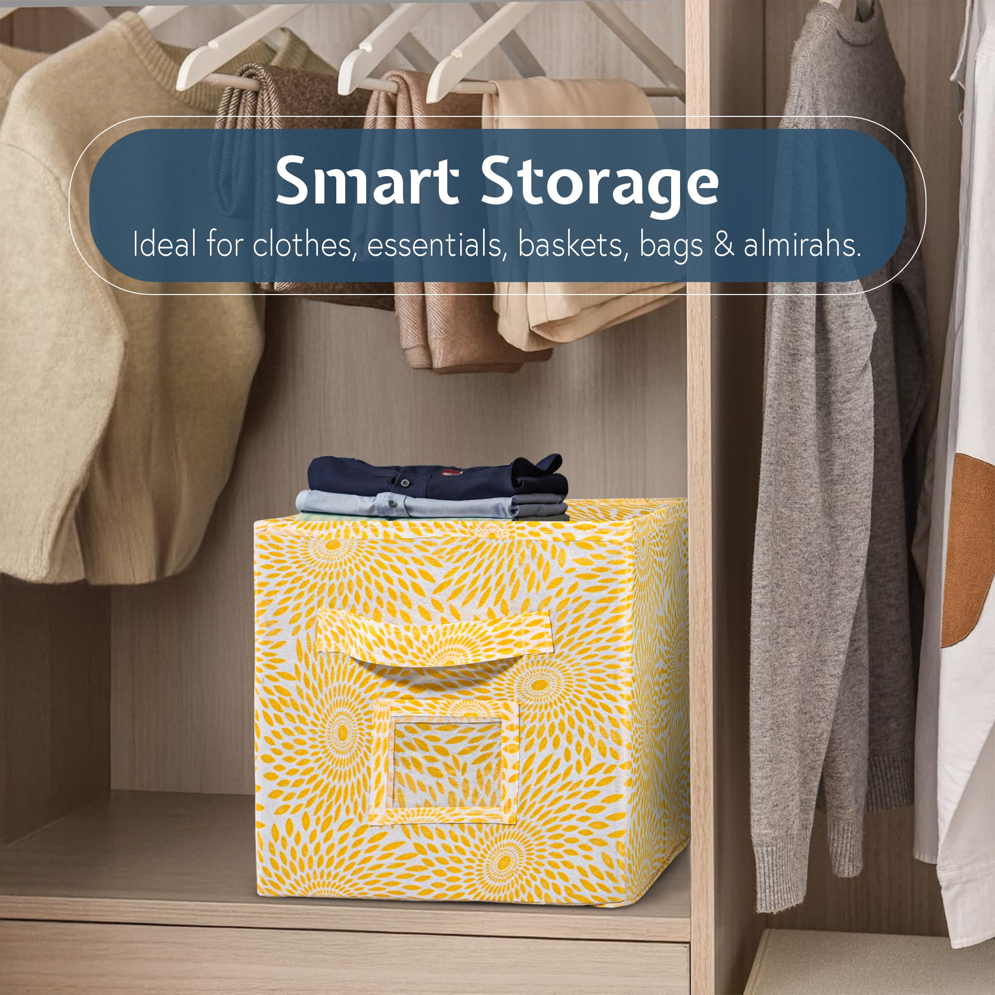 Kuber Industries Square Storage Box for Wardrobe with Handle  Foldable Closet Organizers  Baby Clothes Organizer  DrawerDress Storage for Clothes  Toys Items  Small- Printed  Yellow