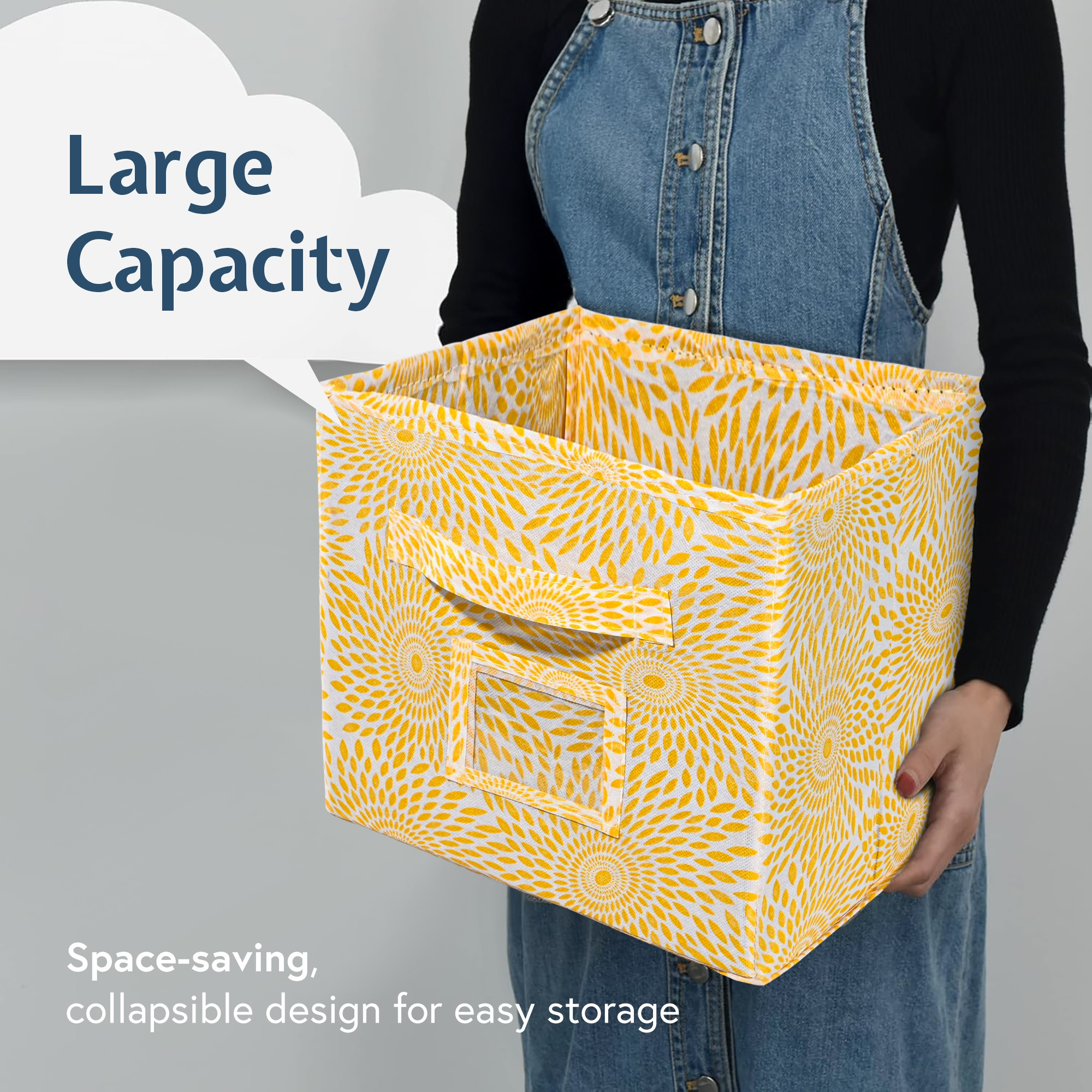 Kuber Industries Square Storage Box for Wardrobe with Handle  Foldable Closet Organizers  Baby Clothes Organizer  DrawerDress Storage for Clothes  Toys Items  Small- Printed  Yellow