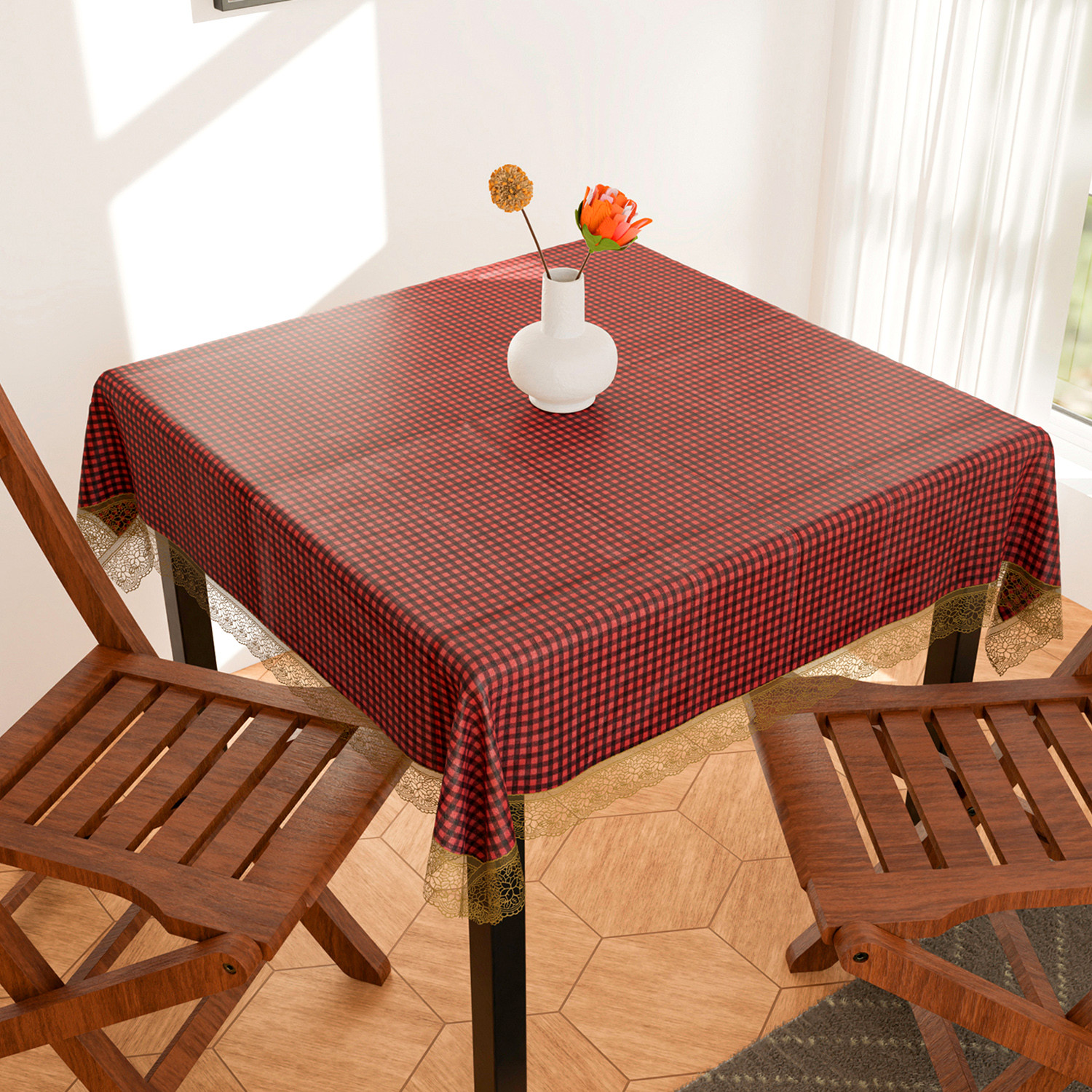 Kuber Industries Square Table Cover for 4 Seater|PVC Waterproof Check Pattern Tablecloth Indoor & Outdoor|48x48 Inch (Red)