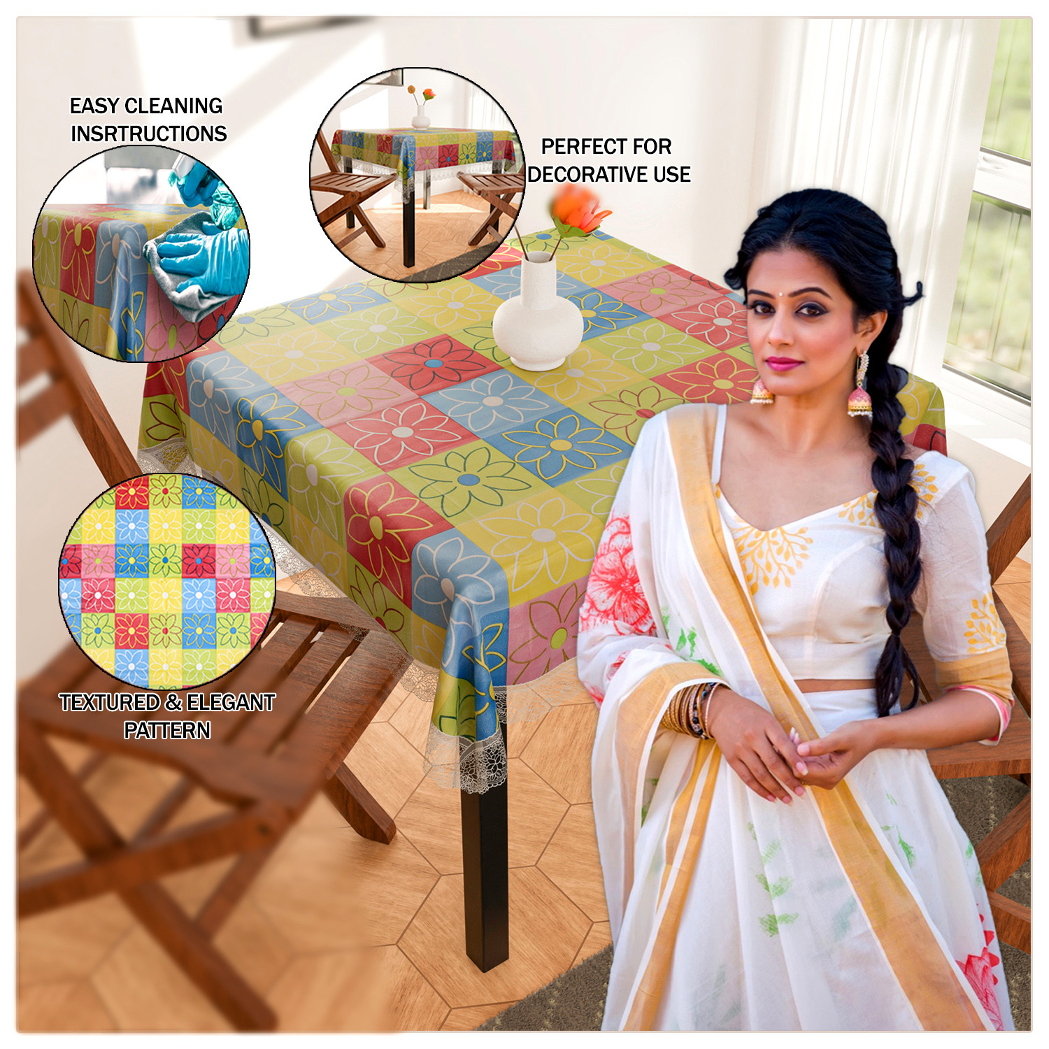 Kuber Industries Square Table Cover for 4 Seater|PVC Waterproof Check Pattern Tablecloth Indoor & Outdoor|48x48 Inch (Multicolor)