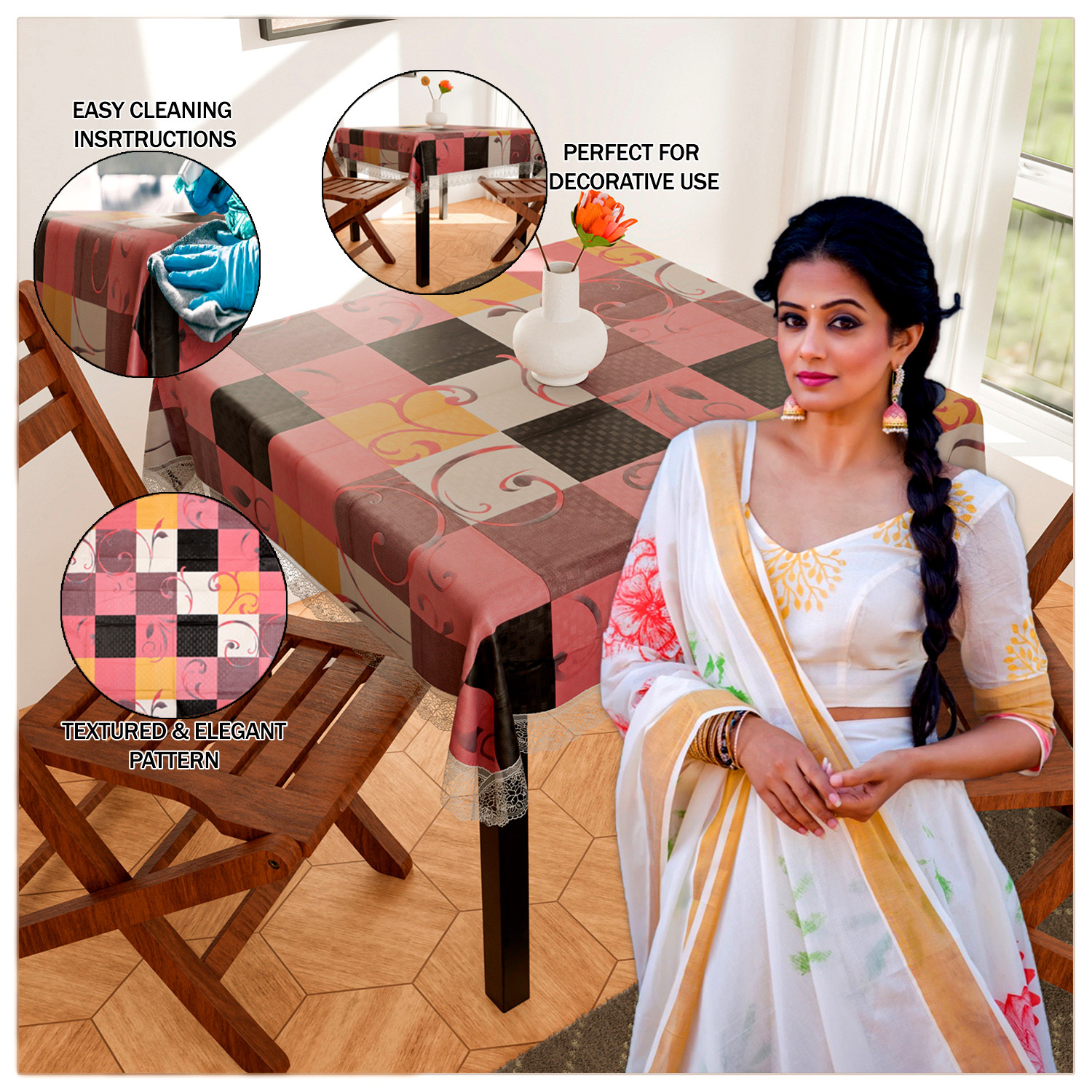 Kuber Industries Square Table Cover for 4 Seater|PVC Waterproof Floral Check Pattern Tablecloth Indoor & Outdoor|48x48 Inch (Multicolor)