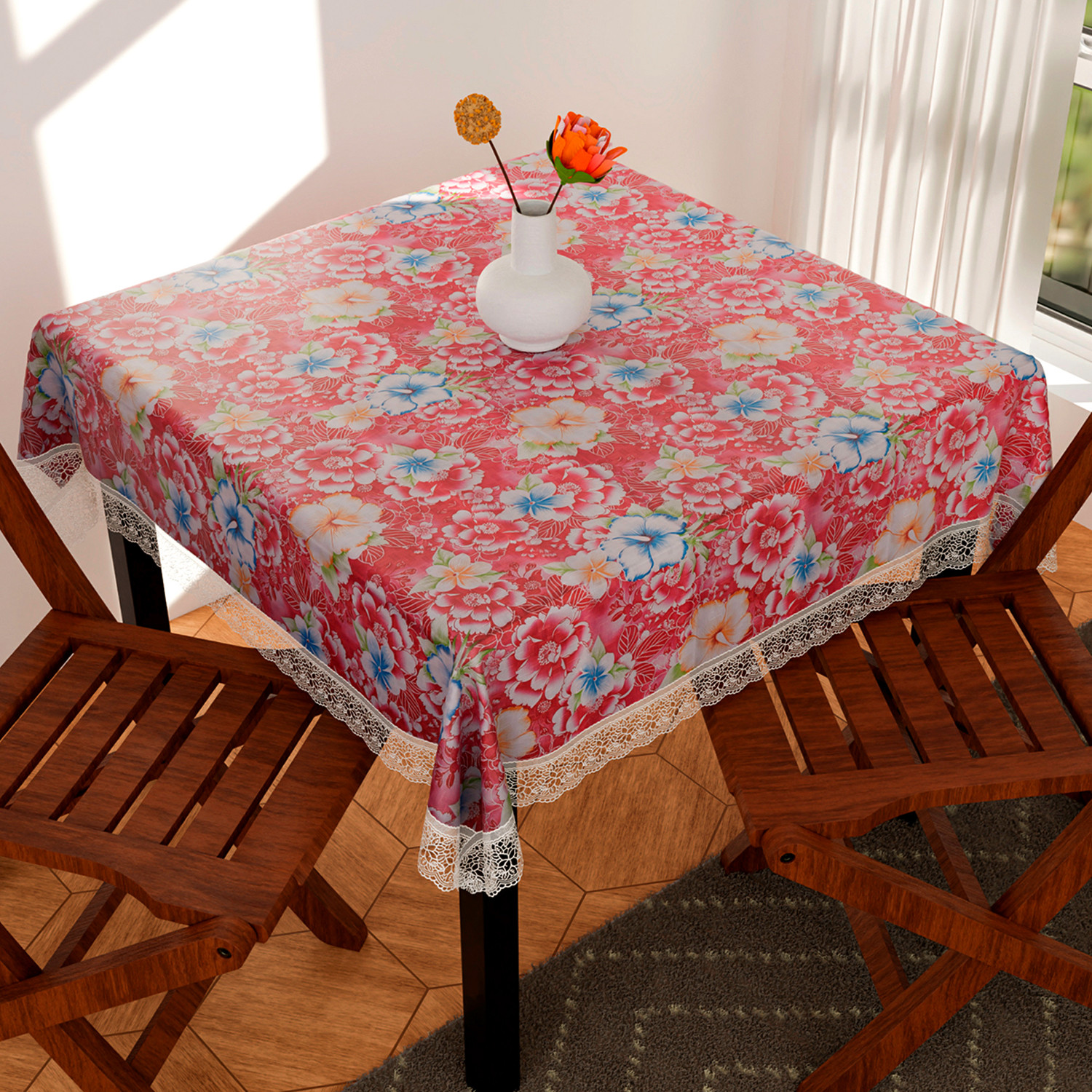 Kuber Industries Square Table Cover for 4 Seater|PVC Waterproof Flower Pattern Tablecloth Indoor & Outdoor|48x48 Inch (Pink)