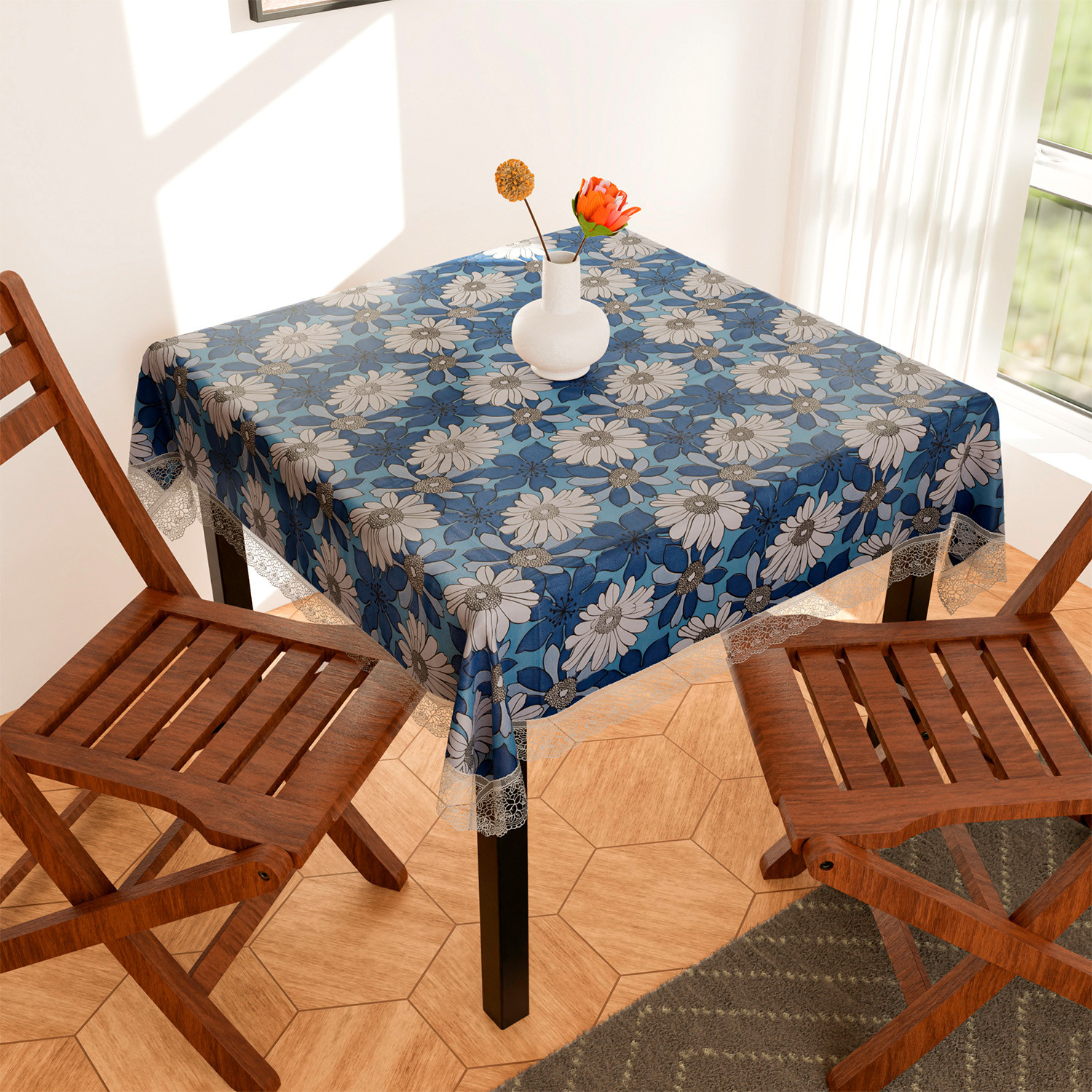 Kuber Industries Square Table Cover for 4 Seater|PVC Waterproof Flower Pattern Tablecloth Indoor & Outdoor|48x48 Inch (Sky Blue)