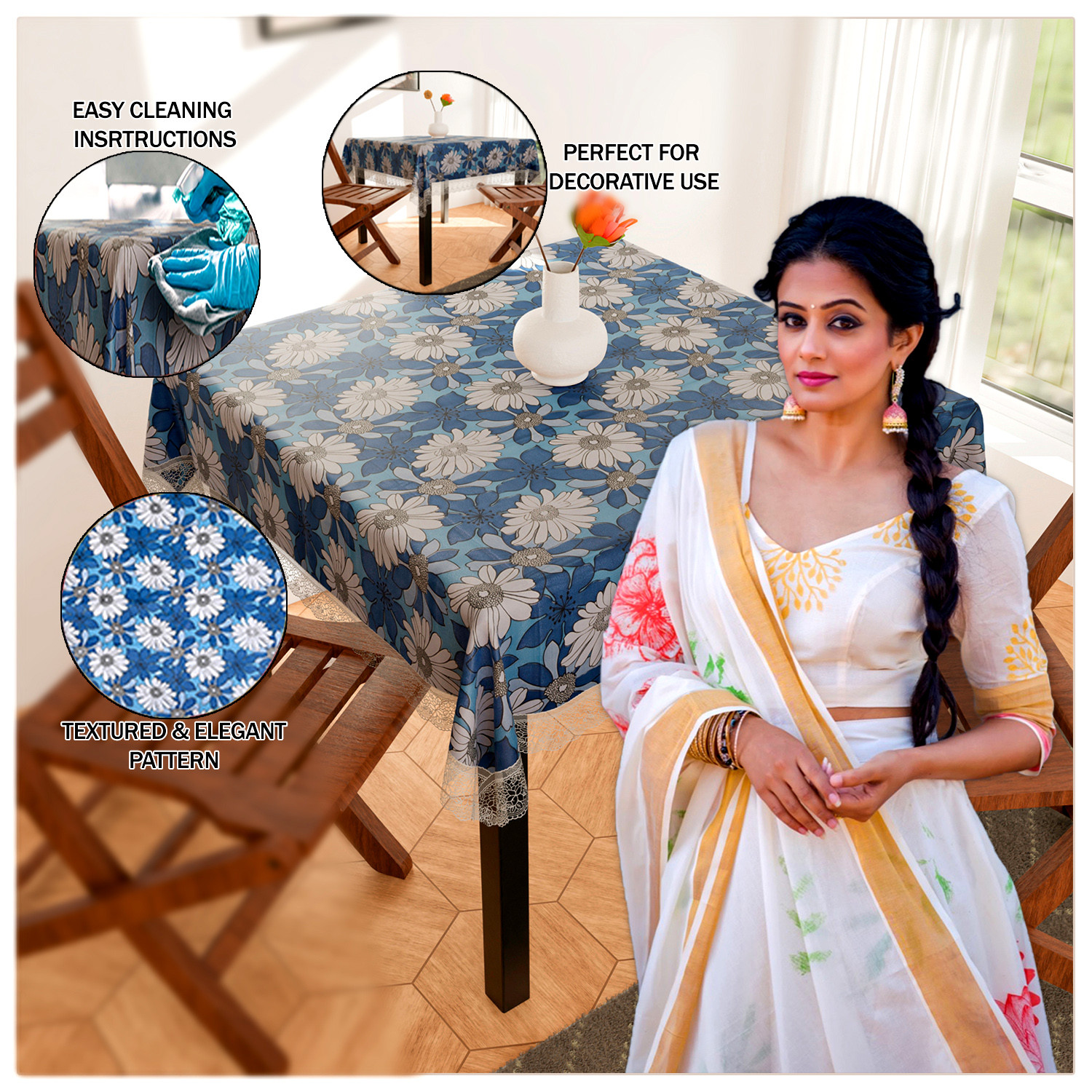 Kuber Industries Square Table Cover for 4 Seater|PVC Waterproof Flower Pattern Tablecloth Indoor & Outdoor|48x48 Inch (Sky Blue)