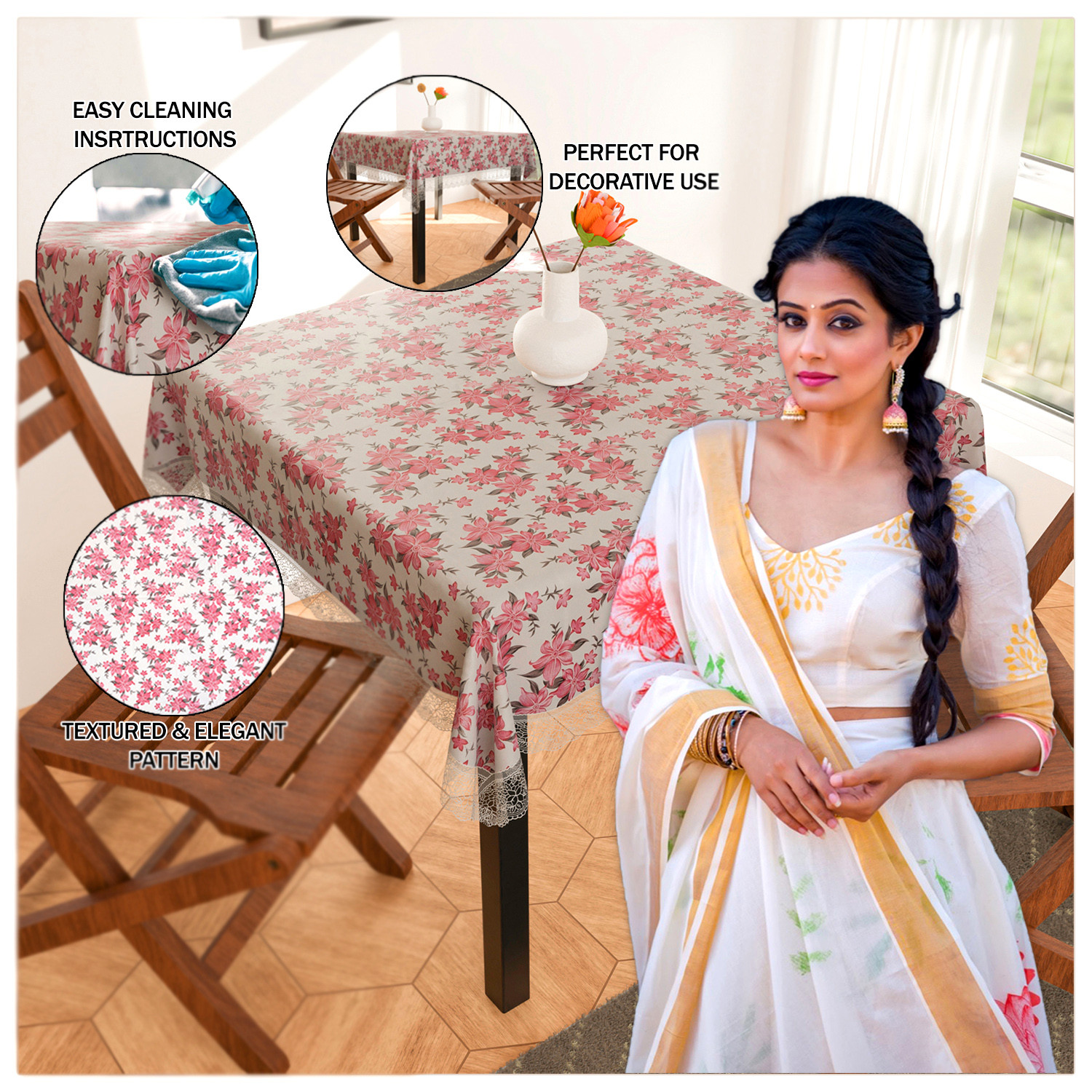Kuber Industries Square Table Cover for 4 Seater|PVC Waterproof Flower Pattern Tablecloth Indoor & Outdoor|48x48 Inch (White)