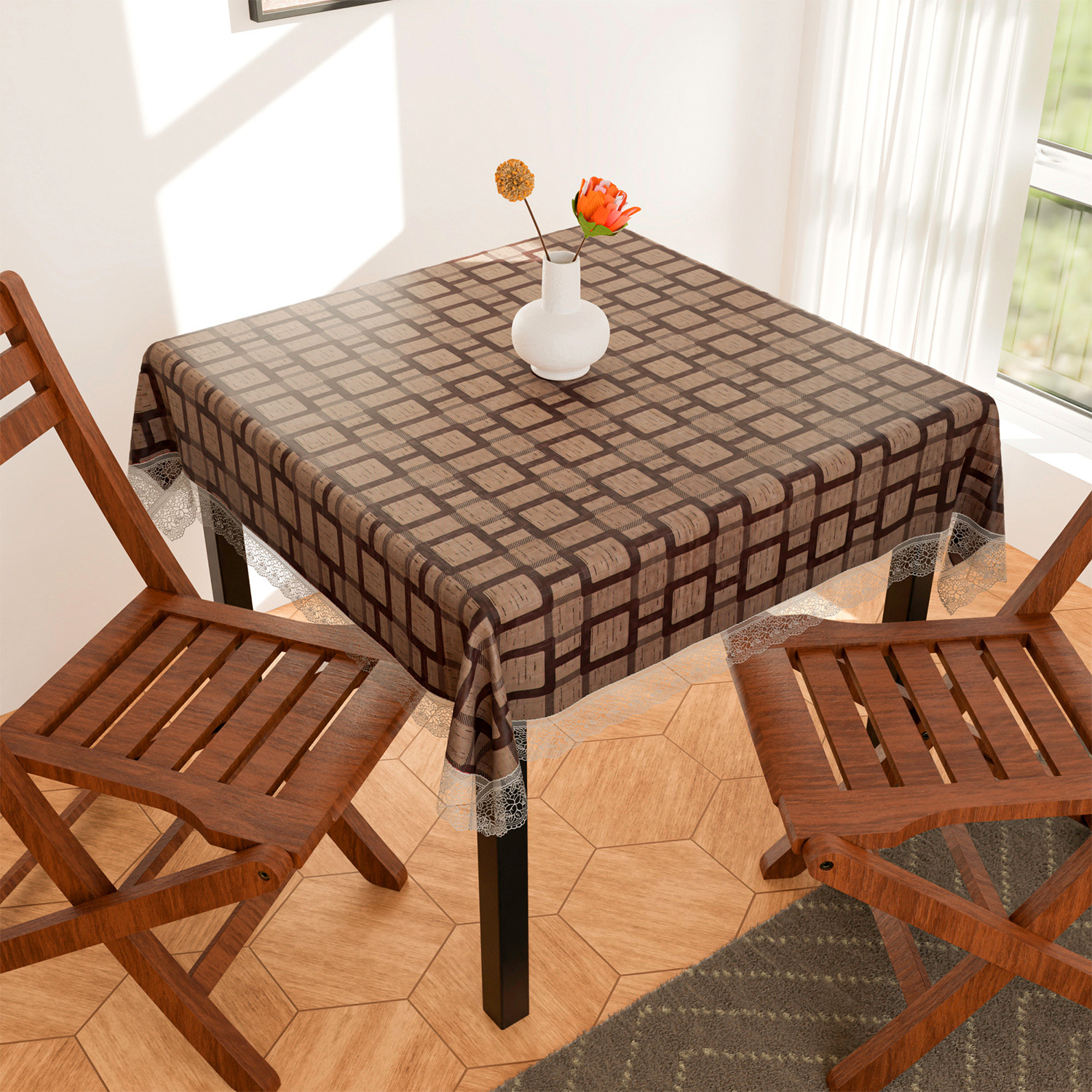 Kuber Industries Square Table Cover for 4 Seater|PVC Waterproof Square Pattern Tablecloth Indoor & Outdoor|48x48 Inch (Brown)