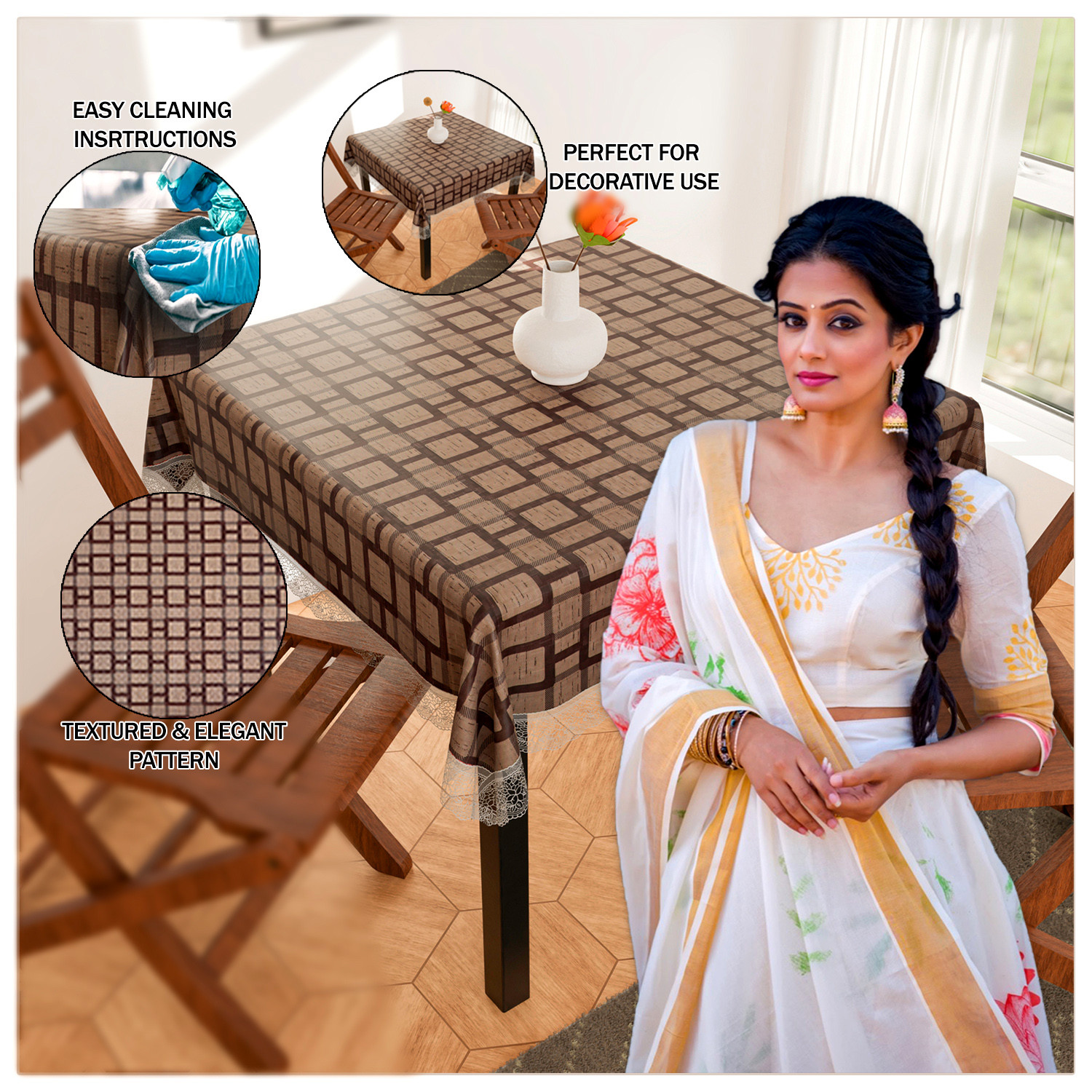 Kuber Industries Square Table Cover for 4 Seater|PVC Waterproof Square Pattern Tablecloth Indoor & Outdoor|48x48 Inch (Brown)