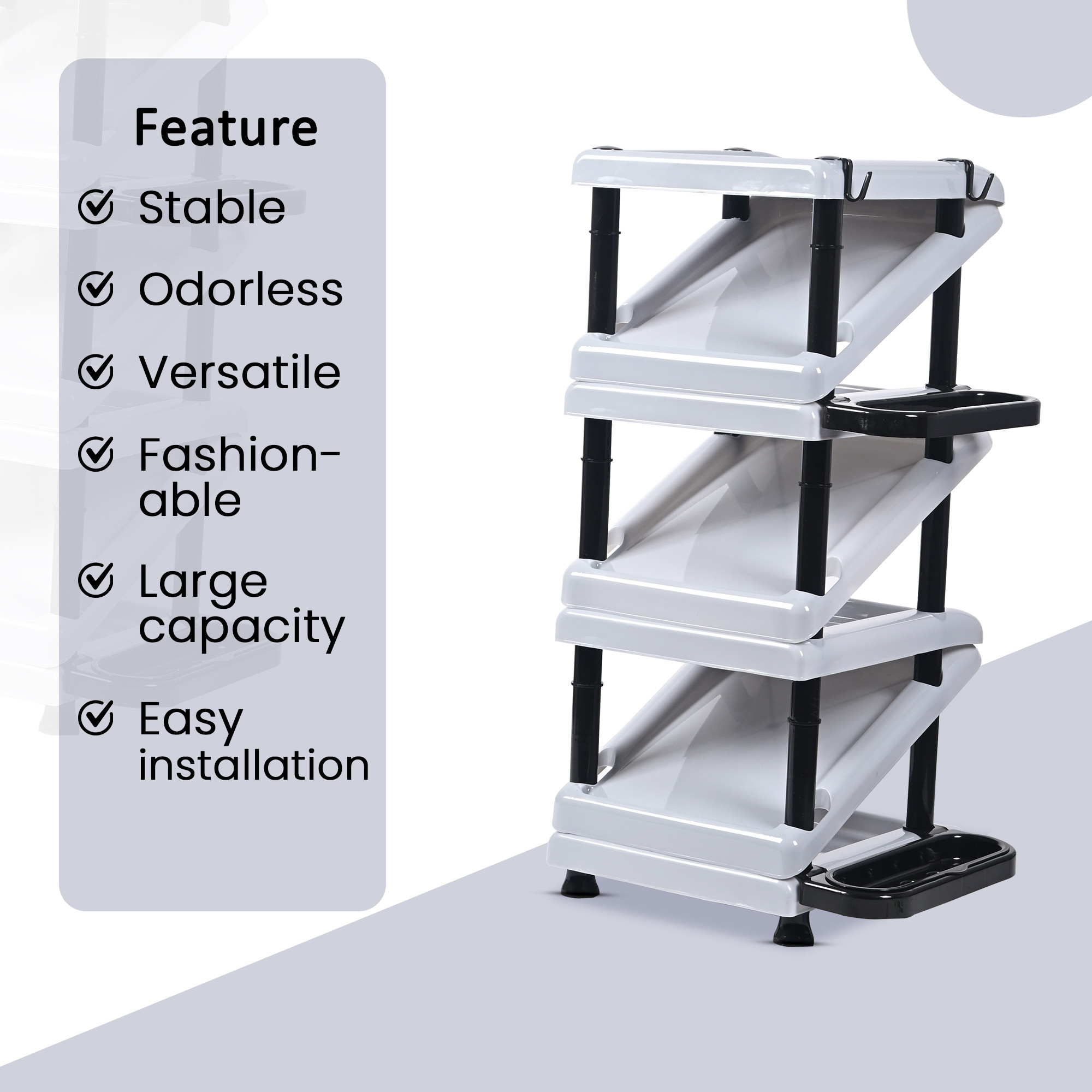 Kuber Industries Stackable  Plastic Shoe Stand with Side Hooks  Foldable Slipper and Shoes Racks for Home and Office  Space-Saving Corner Foot Stand for Entryway  Tower - Light Grey