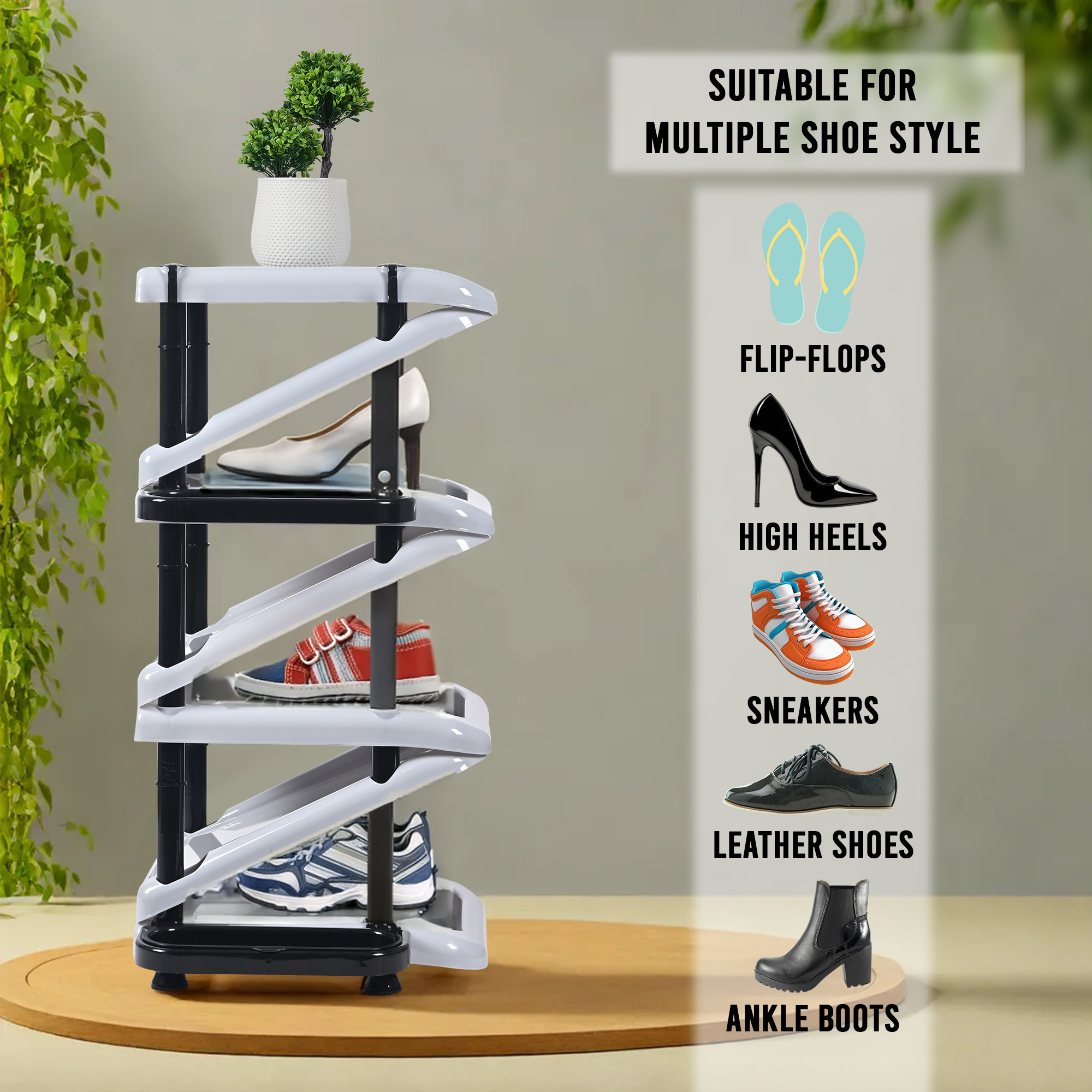 Kuber Industries Stackable  Plastic Shoe Stand with Side Hooks  Foldable Slipper and Shoes Racks for Home and Office  Space-Saving Corner Foot Stand for Entryway  Tower - Light Grey