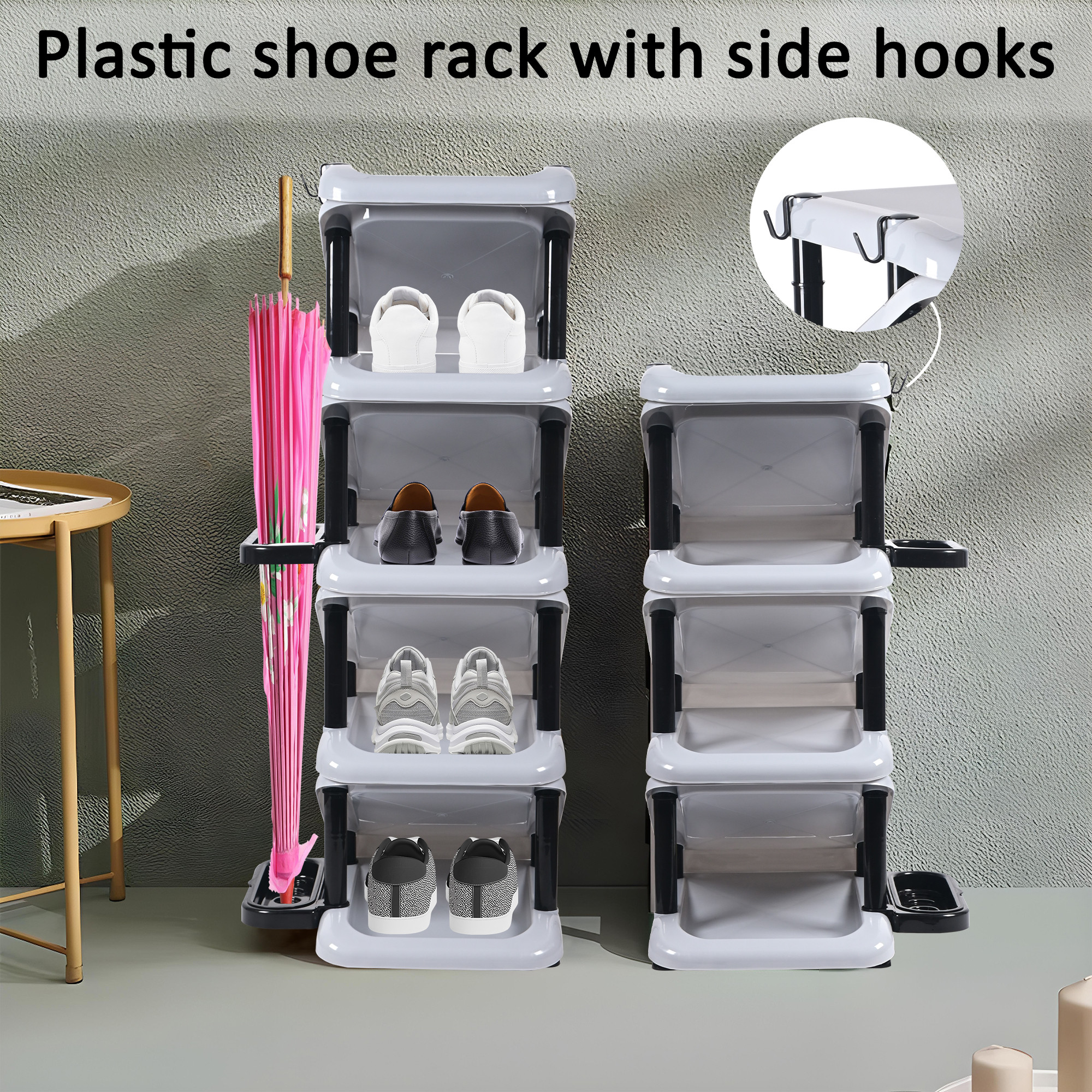 Kuber Industries Stackable  Plastic Shoe Stand with Side Hooks  Foldable Slipper and Shoes Racks for Home and Office  Space-Saving Corner Foot Stand for Entryway  Tower - Light Grey