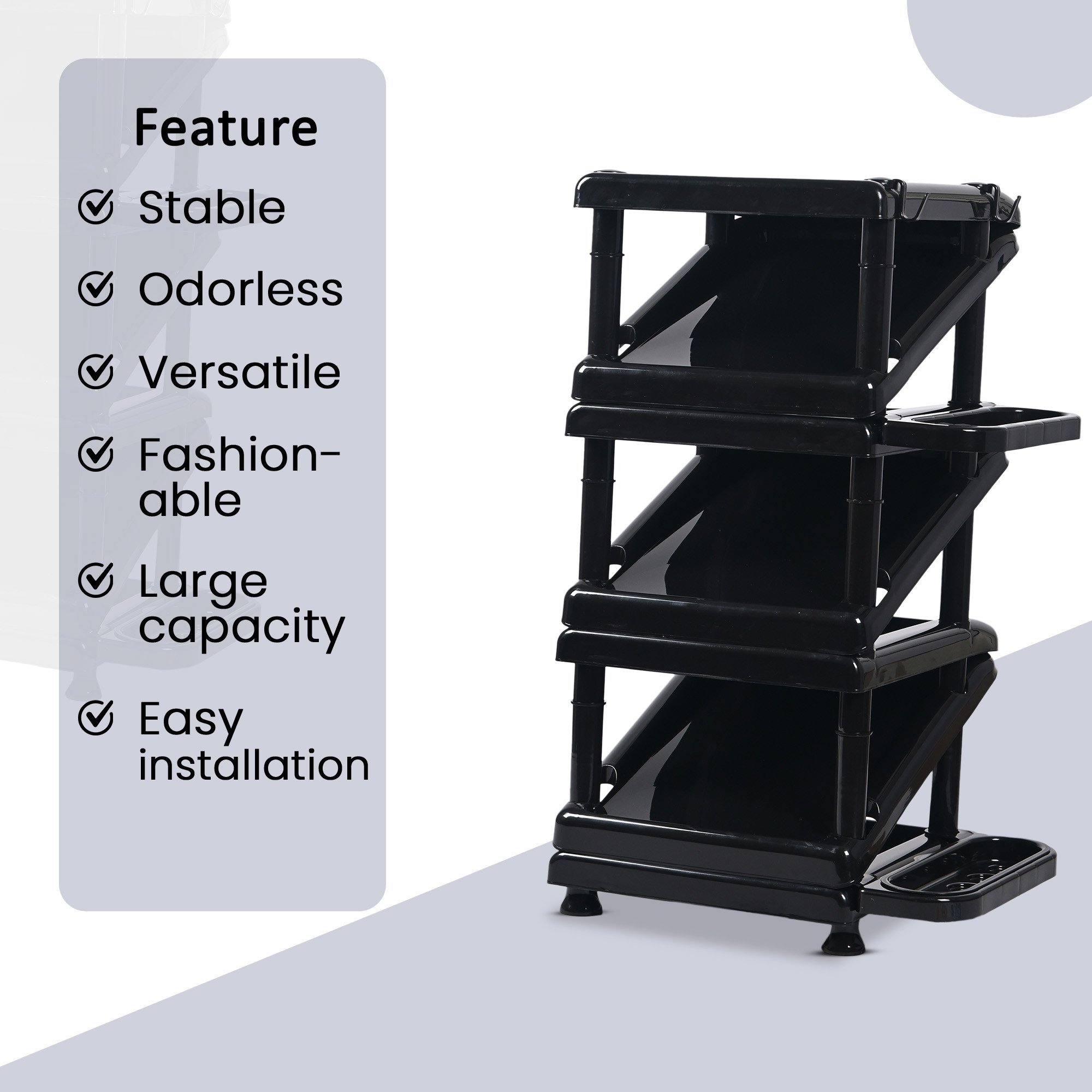 Kuber Industries Stackable  Plastic Shoe Stand with Side Hooks  Foldable Slipper and Shoes Racks for Home and Office  Space-Saving Corner Foot Stand for Entryway  Tower - Black