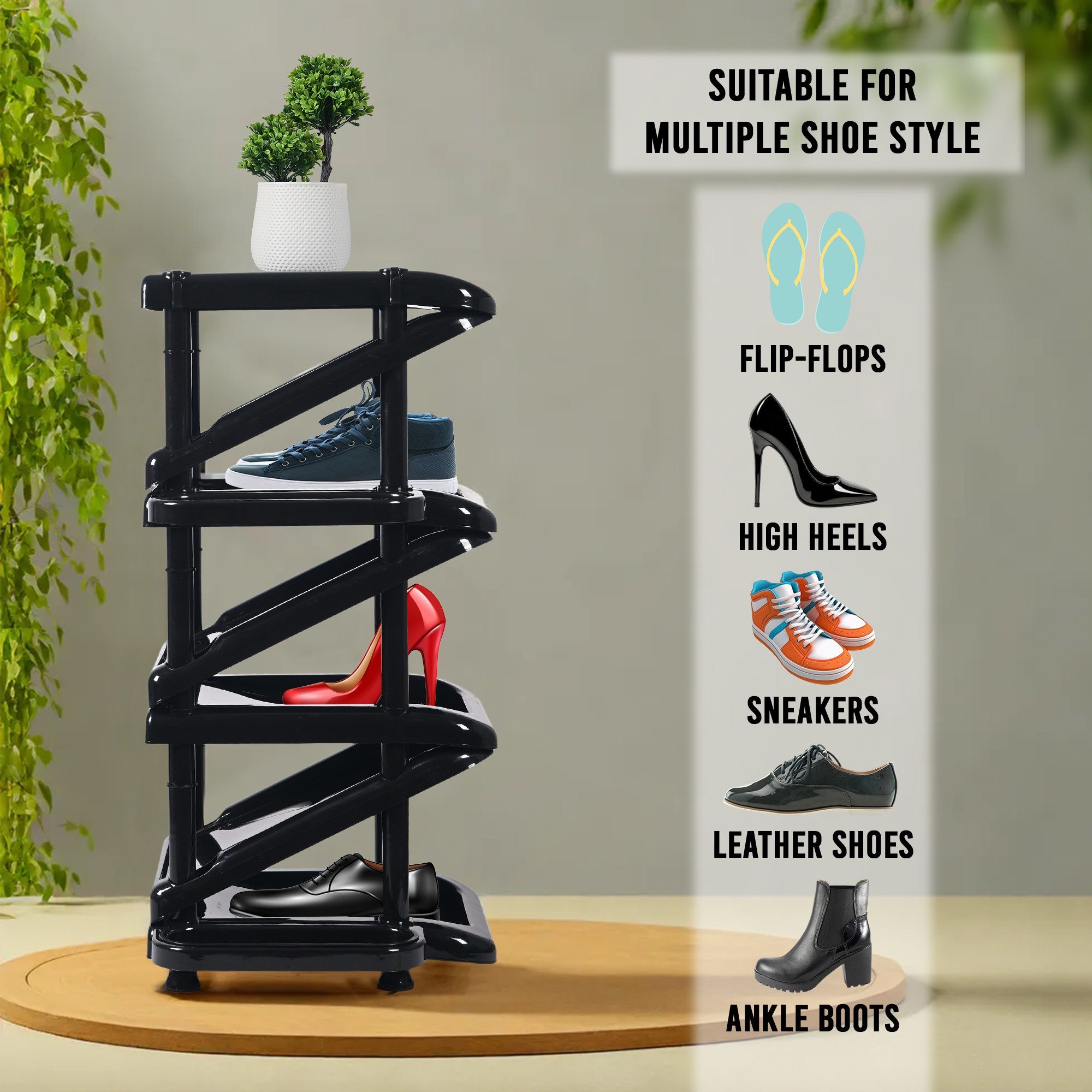 Kuber Industries Stackable  Plastic Shoe Stand with Side Hooks  Foldable Slipper and Shoes Racks for Home and Office  Space-Saving Corner Foot Stand for Entryway  Tower - Black