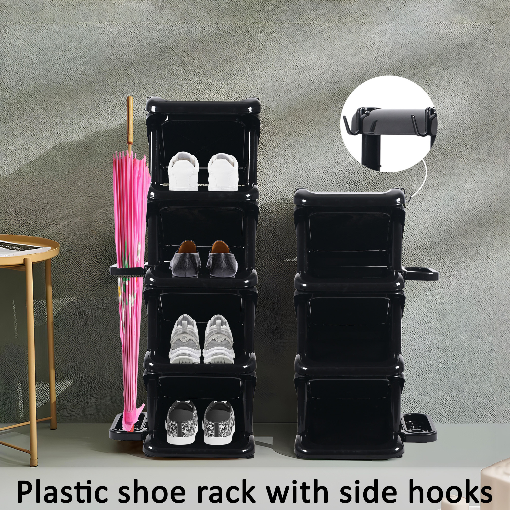 Kuber Industries Stackable  Plastic Shoe Stand with Side Hooks  Foldable Slipper and Shoes Racks for Home and Office  Space-Saving Corner Foot Stand for Entryway  Tower - Black
