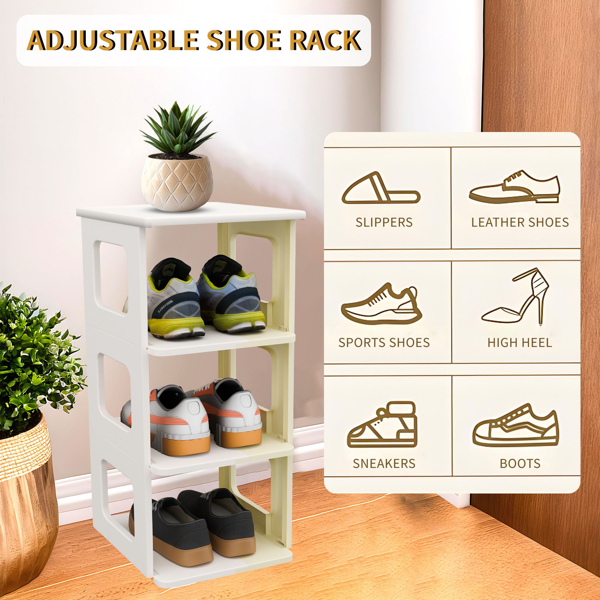 Kuber Industries Stackable  Shoes Rack for Indoor Outdoor  Collapsible Footwear Shoes Sandal Chappal  Slipper Stand for Home  Space-Saving Foot Stand for Entryway  White  Ivory