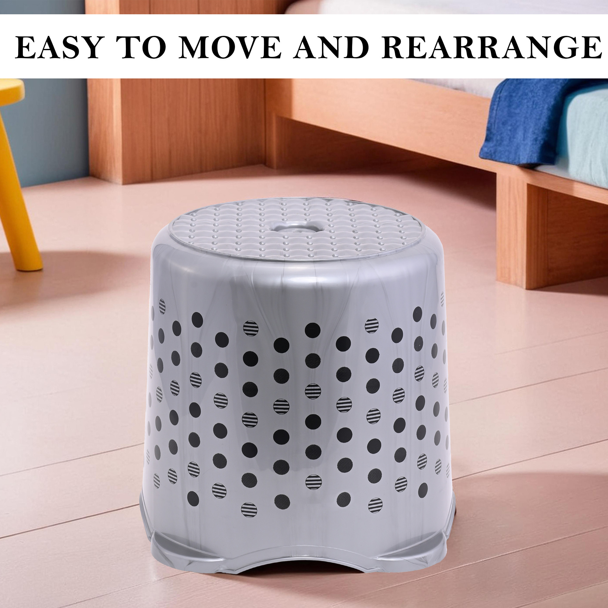 Kuber Industries Stackable Stool for Sitting  Light Weight  Space-Saving Stool for Kitchen Home  Office  Ideal for Living Room Balcony  Garden  Dot Comfy- Grey