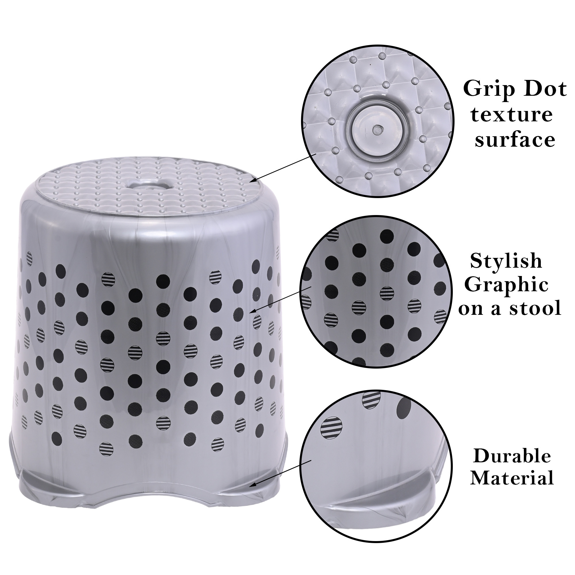 Kuber Industries Stackable Stool for Sitting  Light Weight  Space-Saving Stool for Kitchen Home  Office  Ideal for Living Room Balcony  Garden  Dot Comfy- Grey