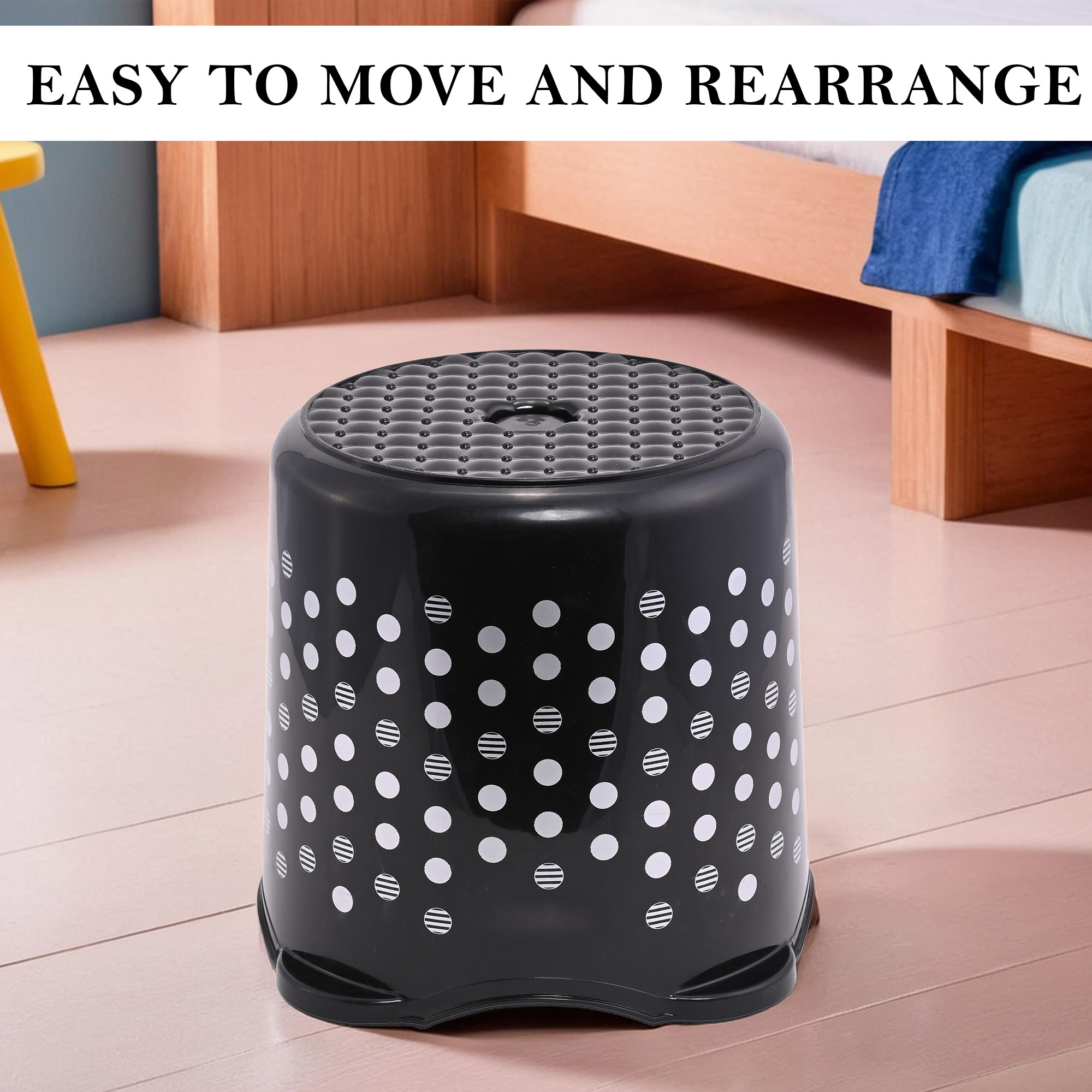 Kuber Industries Stackable Stool for Sitting  Light Weight  Space-Saving Stool for Kitchen Home  Office  Ideal for Living Room Balcony  Garden  Dot Comfy- Black