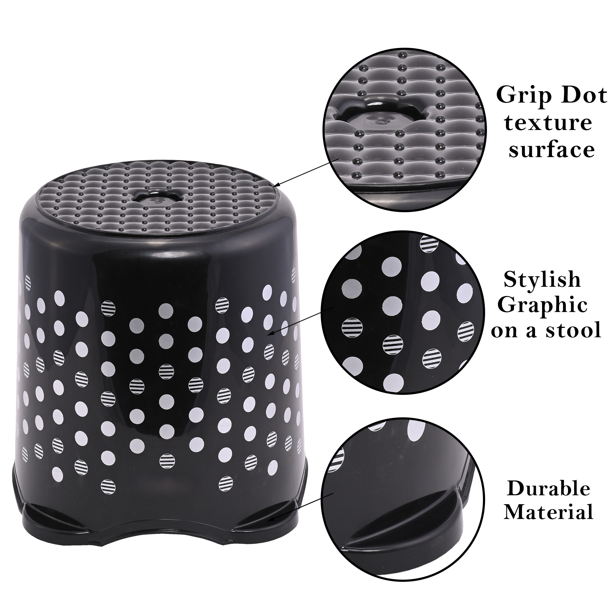 Kuber Industries Stackable Stool for Sitting  Light Weight  Space-Saving Stool for Kitchen Home  Office  Ideal for Living Room Balcony  Garden  Dot Comfy- Black