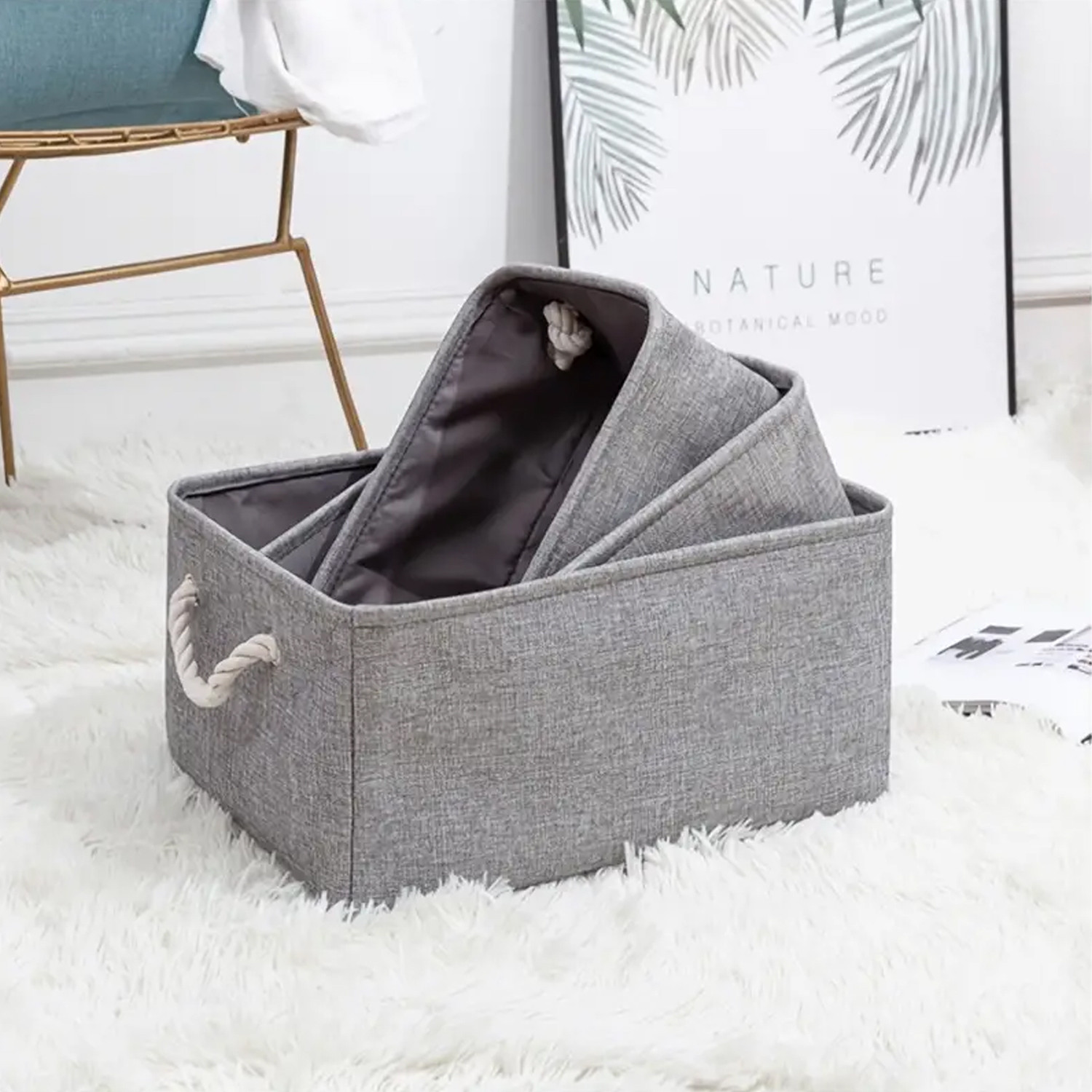 Kuber Industries Stackable Storage Basket|Foldable Toy Storage Bin|Wardrobe Organizer For Clothes|3 Different Sizes (Grey)