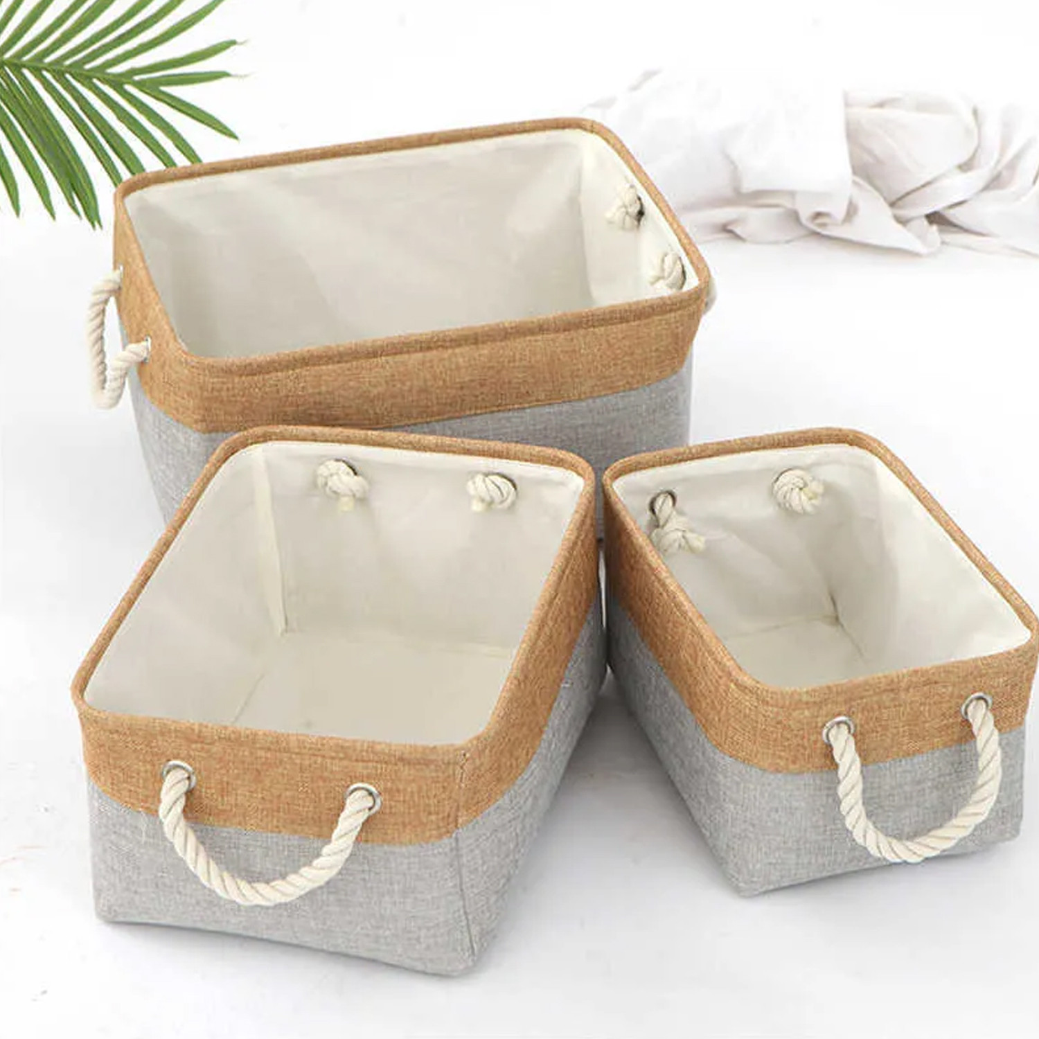 Kuber Industries Stackable Storage Basket|Foldable Toy Storage Bin|Wardrobe Organizer For Clothes|3 Different Sizes (Grey & Brown)