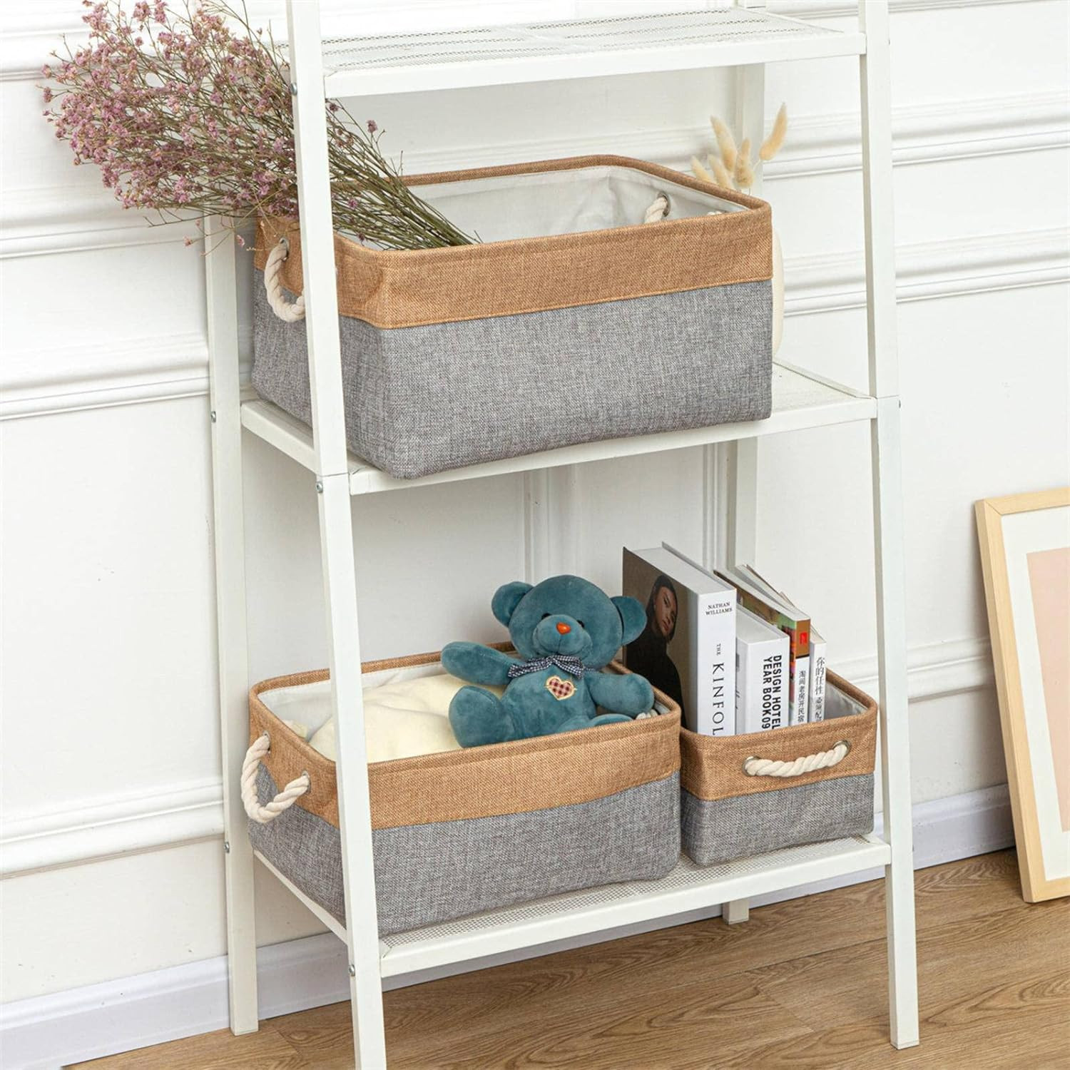 Kuber Industries Stackable Storage Basket|Foldable Toy Storage Bin|Wardrobe Organizer For Clothes|3 Different Sizes (Grey & Brown)