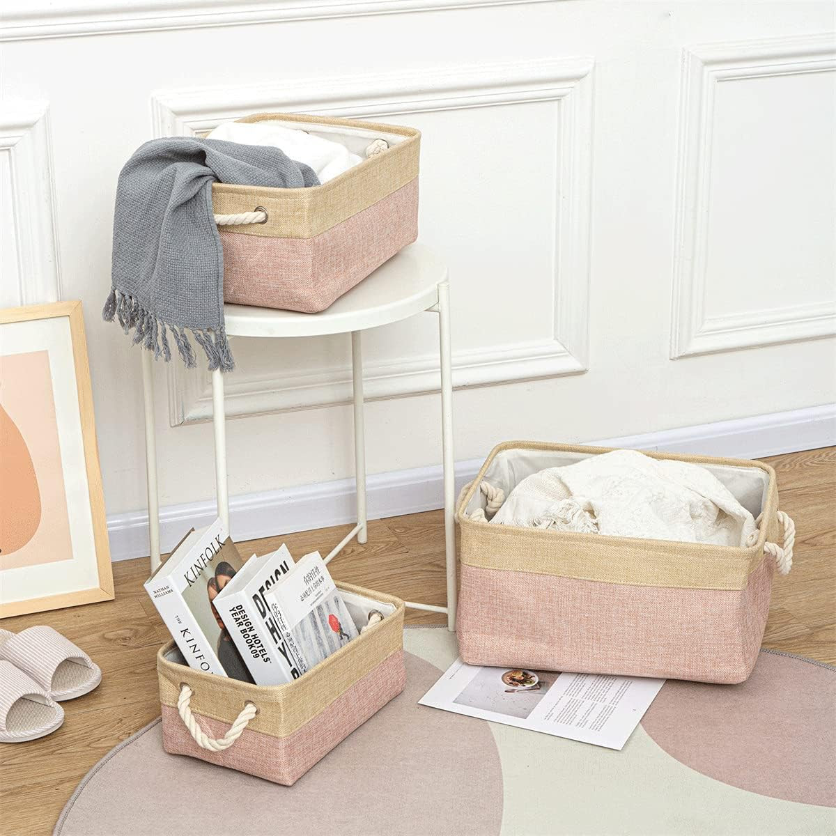 Kuber Industries Stackable Storage Basket|Foldable Toy Storage Bin|Wardrobe Organizer For Clothes|3 Different Sizes (Brown & Cream)