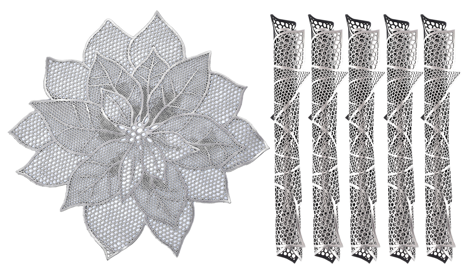 Kuber Industries Stain & Heat Resistant, Non-Slip Flower Design Soft Leather Table Placemats,(Silver)-HS43KUBMART26097