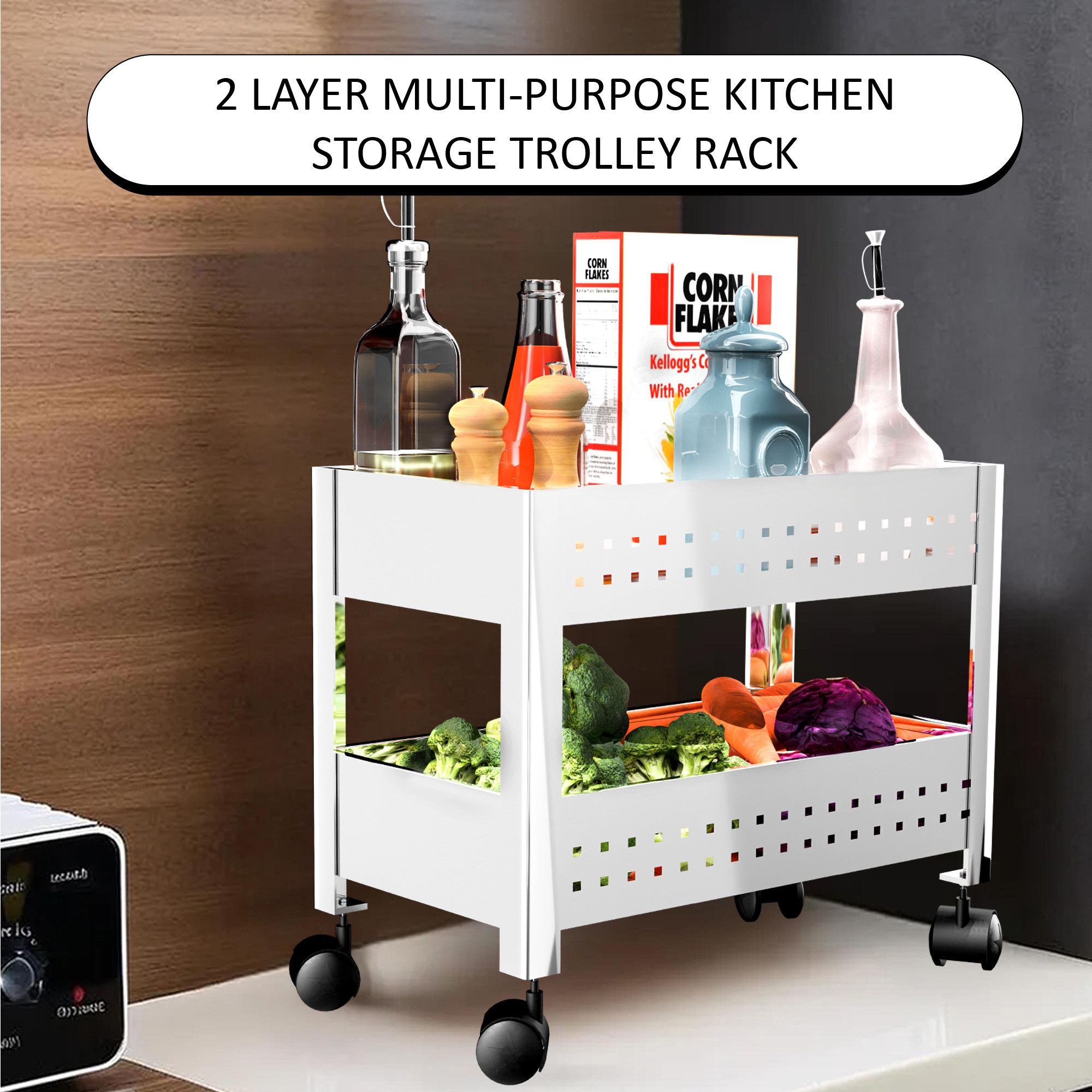 Kuber Industries Stainless Steel  Kitchen Trolley with Wheels  Countertop Oil Spices Vegetable Storage Stand  Storage Racks for Home  Onion Potato Kitchen Side Rack Organiser  Silver