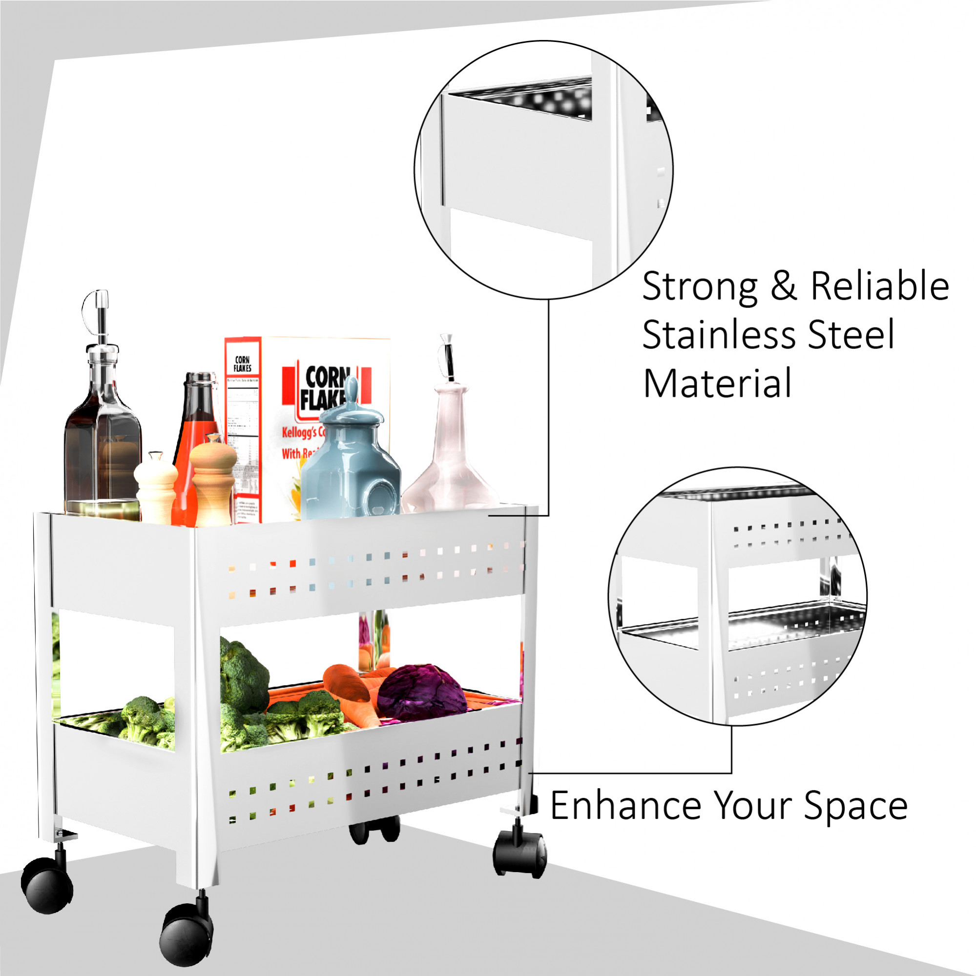 Kuber Industries Stainless Steel  Kitchen Trolley with Wheels  Countertop Oil Spices Vegetable Storage Stand  Storage Racks for Home  Onion Potato Kitchen Side Rack Organiser  Silver