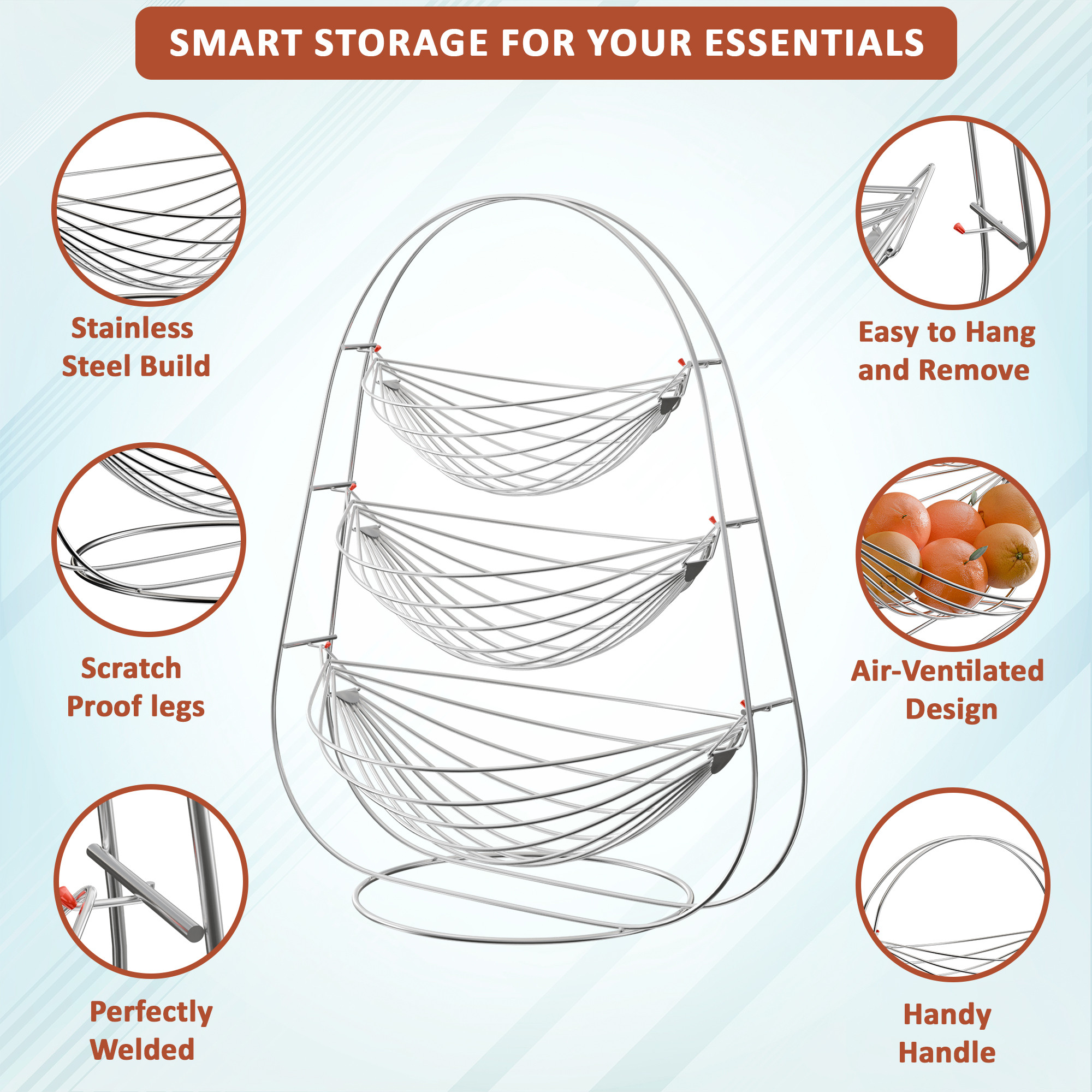 Kuber Industries Stainless Steel 2 Tier Swing Fruit and Vegetable Basket  Countertop Onion Potato Rack for KitchenPantry  Fruit Basket for Dining Table  Vegetable Storage Stand  Silver