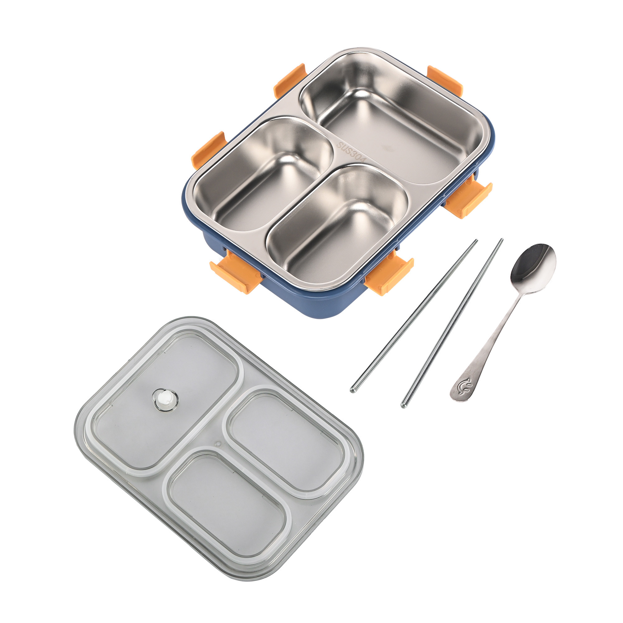 Kuber Industries Stainless Steel 3 Compartment Lunch Box  750 ML Airtight Leakproof Office Lunch Box for Men  Lunch Box for School Kids and Adults  Spoon  Pair of Chopsticks Tiffin Box  Blue