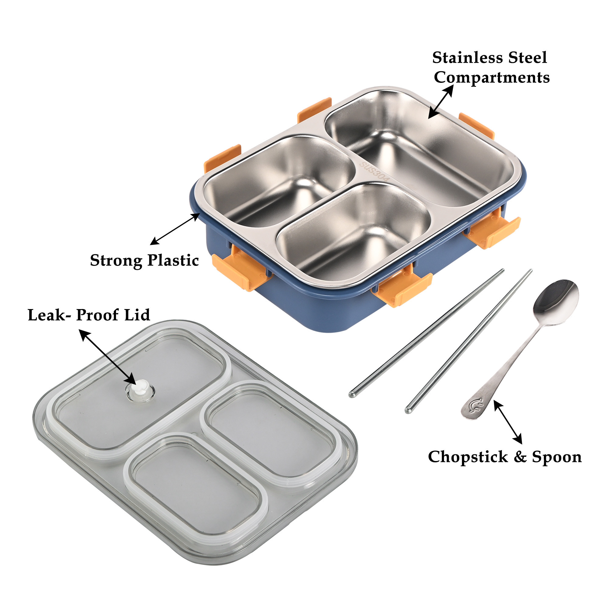 Kuber Industries Stainless Steel 3 Compartment Lunch Box  750 ML Airtight Leakproof Office Lunch Box for Men  Lunch Box for School Kids and Adults  Spoon  Pair of Chopsticks Tiffin Box  Blue
