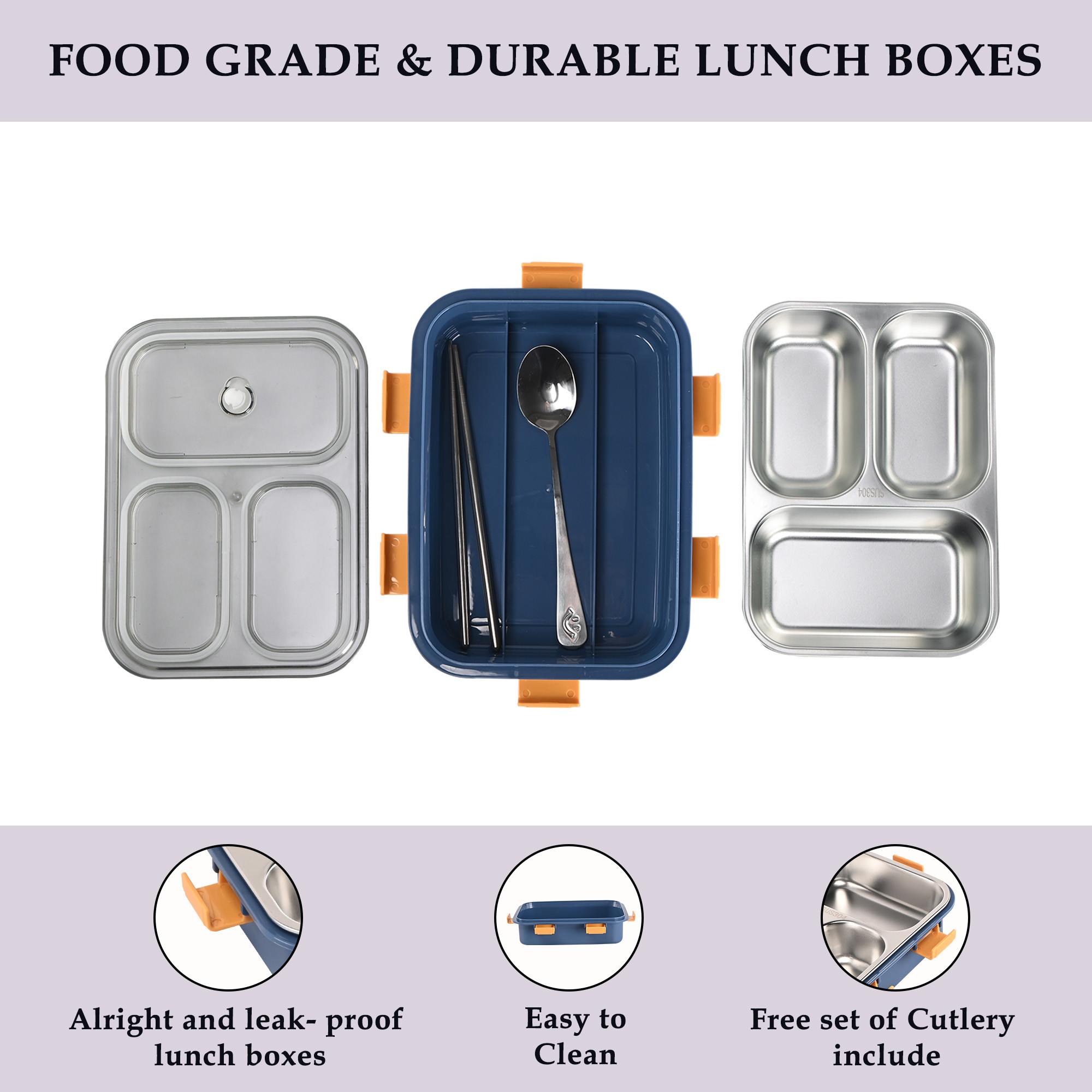 Kuber Industries Stainless Steel 3 Compartment Lunch Box  750 ML Airtight Leakproof Office Lunch Box for Men  Lunch Box for School Kids and Adults  Spoon  Pair of Chopsticks Tiffin Box  Blue